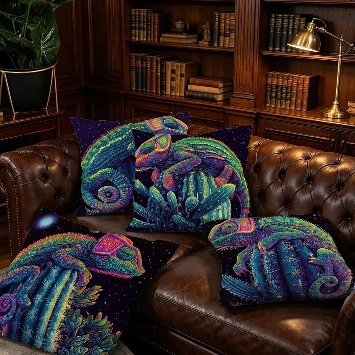 Kissenbezug Grün, Sofakissen 55x55 4er Set, Weich Samt Dekokissen Kissenbezüge Wetterfest, Pillow Case für Deko Kissen, Zierkissen Polsterbezug für Wohnzimmer, Geschenke für Frauen, Eidechse F-28