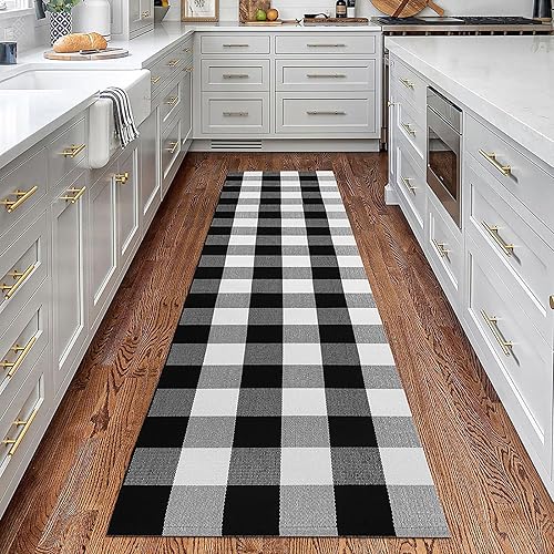 KOZYFLY Alfombra de lana cuadriculada de 2 x 8 pies, color blanco y negro, lavable para pasillos, alfombra de algodón a cuadros para entrada,