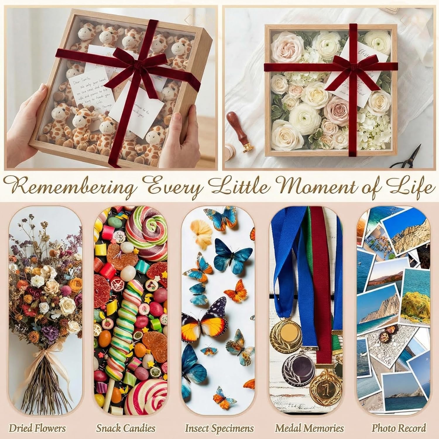 12"x12" Wedding Shadow Box Frame Flower Display Case Kit, DIY Wood Color Picture Gift Box with Lid Deep Glass Case Red Velvet Ribbon for Gift Wrapping Craft Bouquet Flower Keepsake Memory