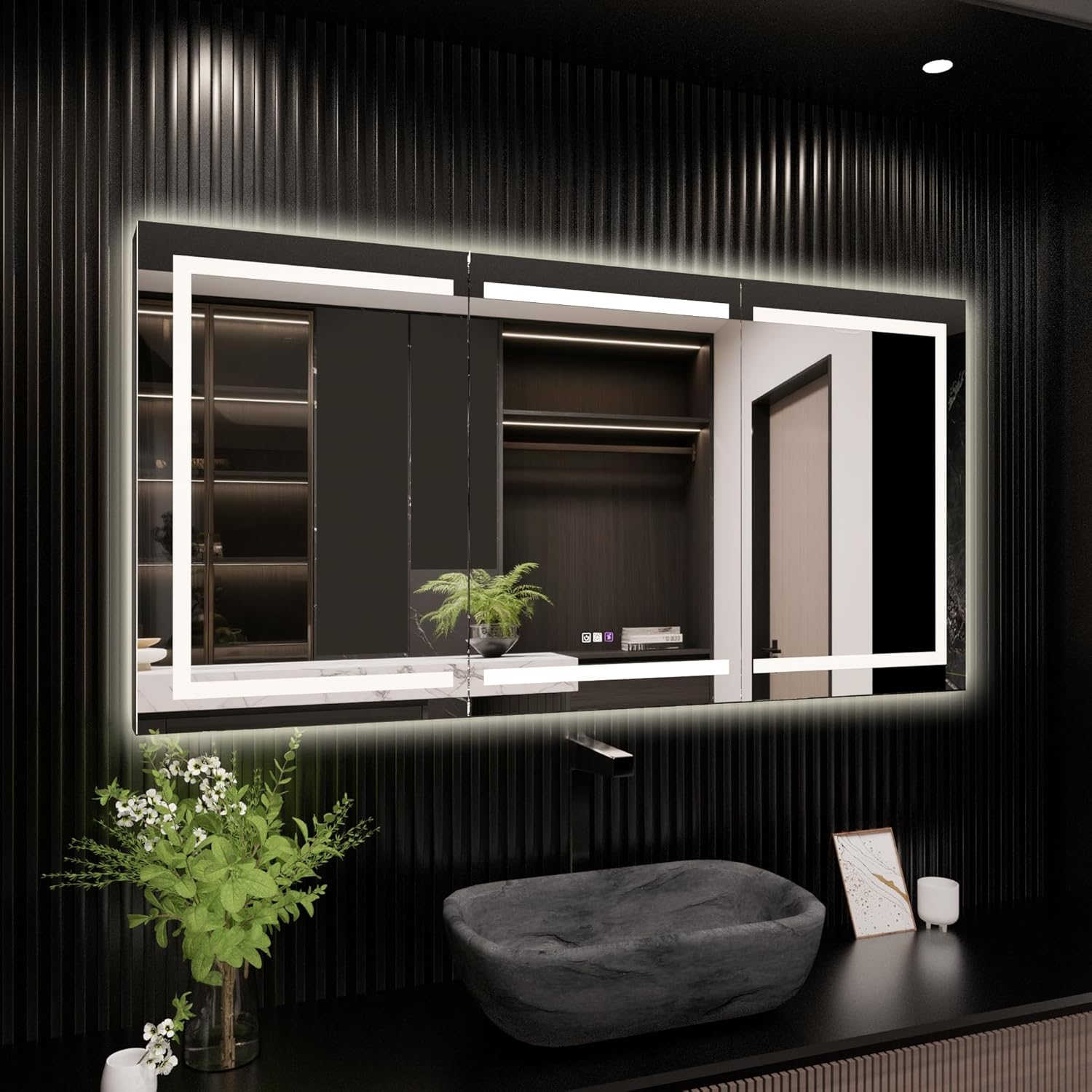 Luxury LED Lighted Medicine Cabinet with Mirror Dimmable, Defogging, 72 inch Commercial Medicine Cabinet, Outlets for Apartments, Hotel, Wide Open