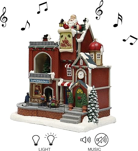 Miniatura 4 de MOMENTS IN TIME Casa de pueblo de Navidad iluminada, supermercado y tiendas, escena animada de vacaciones con luces LED, caja de regalo de música,
