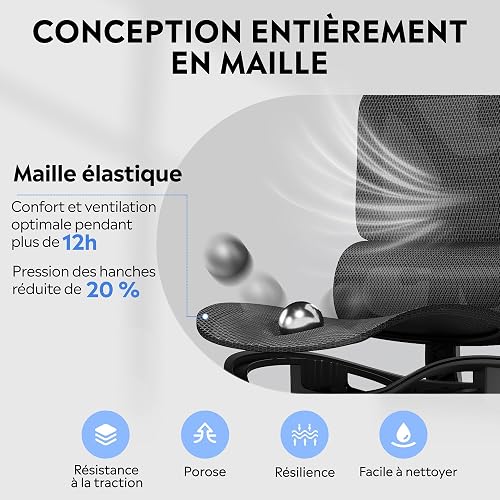 DEVAISE Chaise de Bureau Fauteuil Ergonomique avec Repose-Pieds, Dossier Réglable 90°-145°, Soutien Lombaire Supplémentaire, Base Métallique Robuste, roulettes Silencieuses, Charge Max 180 kg, Noir - 7