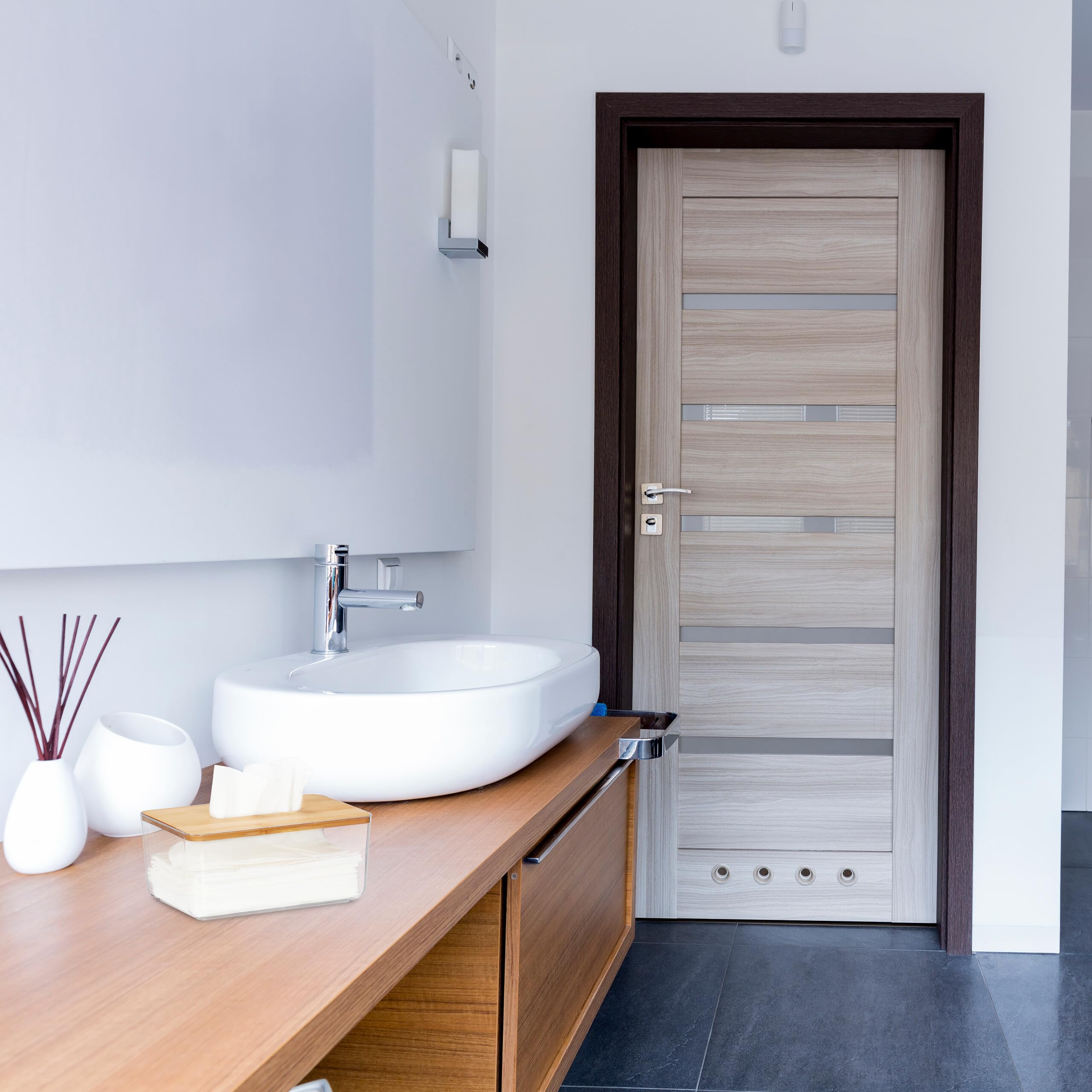 Relaxdays Contenitore per Fazzoletti, Coperchio in bambù, Dispenser Portafazzoletti, 10x23,5x13 cm, Trasparente Naturale