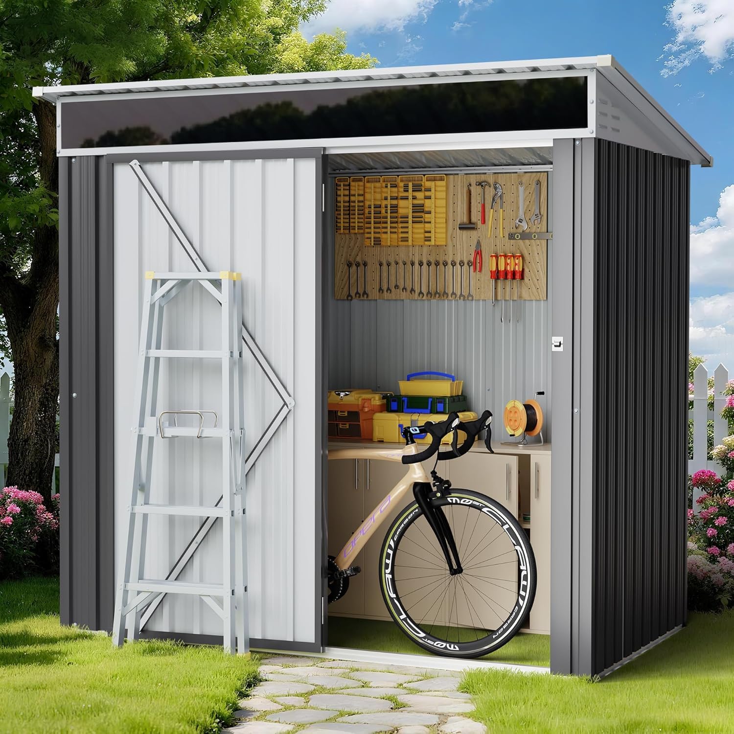 Shintenchi 6x4 FT Outdoor Storage Shed with Window, Outdoor Waterproof Storage Shed Metal Garden Shed with Lockable Single Door, Weather Resistant Tool Storage House Shed for Garden,Backyard,Gray - 1