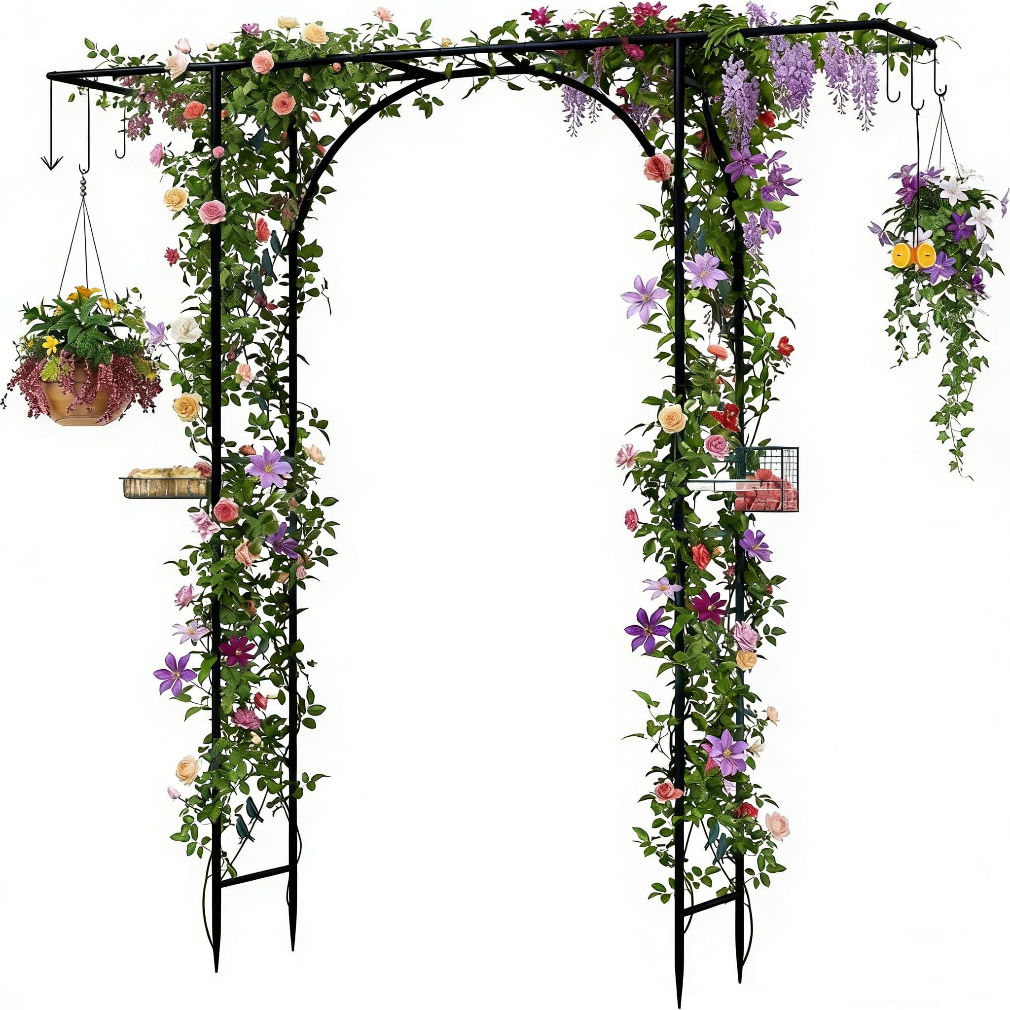 RELAX4LIFE Rosenbogen Metall, Gartenbogen mit Vogelfutterstation, Rosengitter für Kletterpflanzen & Wilder Vögel, Torbogen mit Wasserschale, Netzkorb, Haken, Garten Spalier, 212 x 40 x 213 cm, Schwarz