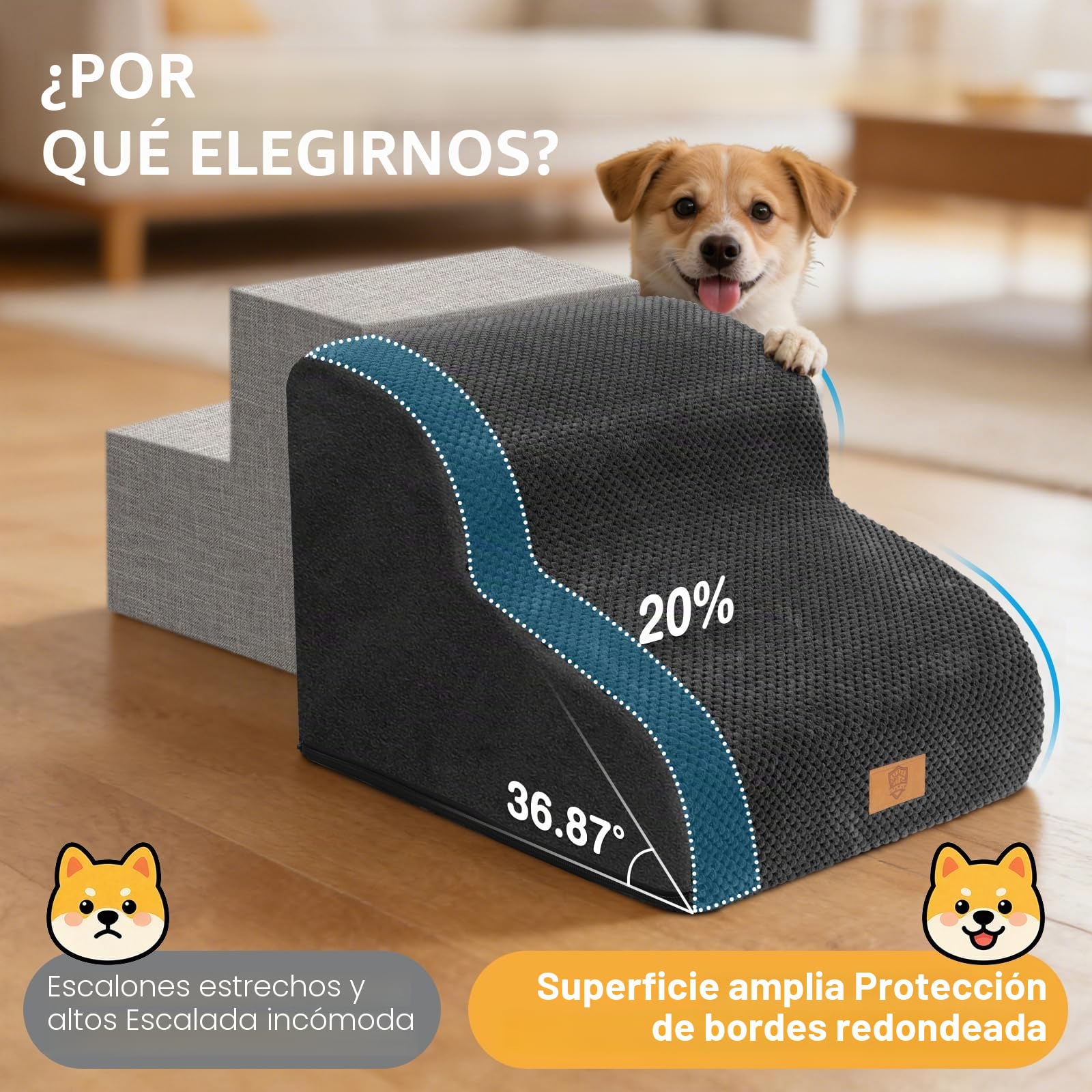 Zvonema Escaleras para Perros de 2 Peldaños, Escalera para Mascotas de Esponja, Rampa para Perros de Esponja para Sofá Cama, Superficie Antideslizante, Lavable, Desmontable