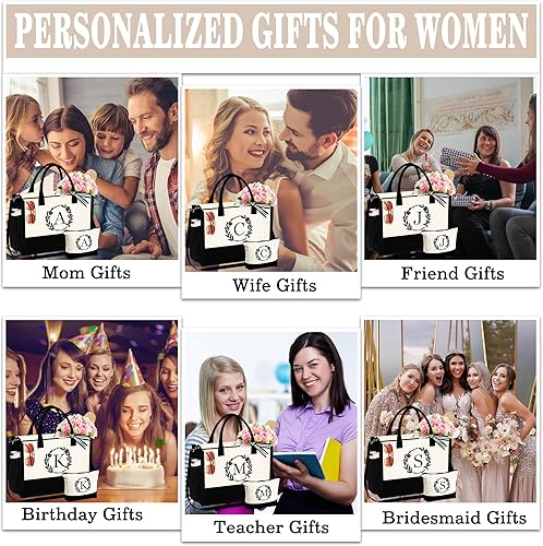 Miniatura 6 de Bolsa de lona con inicial, bolsa de playa, bolsa de maquillaje con cremallera, regalos personalizados para profesores, amigas, regalos de cumpleaños