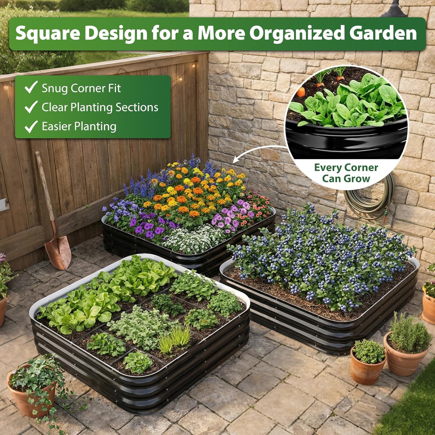 Galvanized Raised Garden Bed for Gardening, 4x4x1ft Large Square Metal Planter Boxes Outdoor for Vegetable,Flower,Herb,Modular Above Ground Growing Container,Black, Easy Assembly