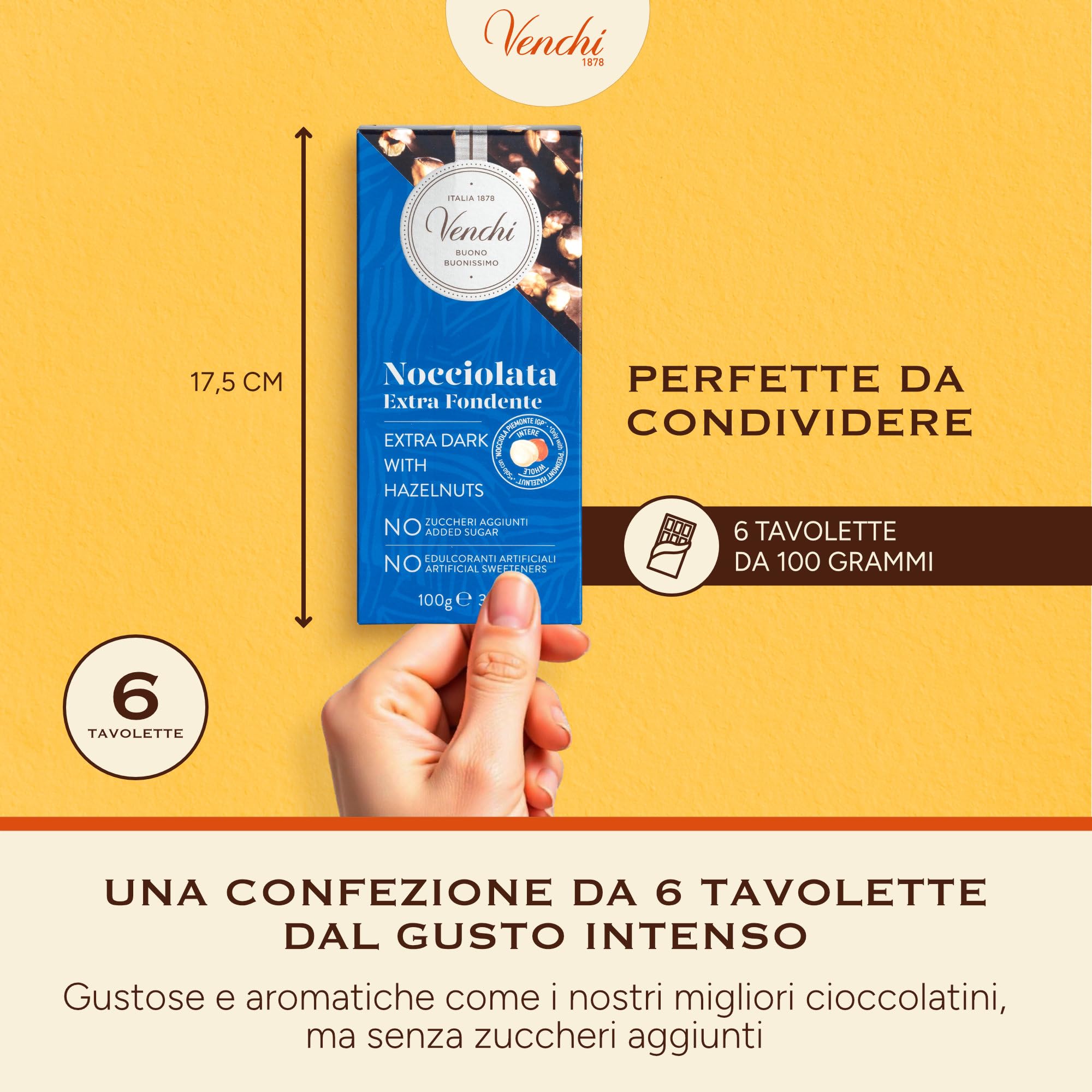 Venchi - Kit di 6 Tavolette Nocciolate Extra Fondenti, 600 g - NO Zuccheri Aggiunti - NO Edulcoranti Artificiali - Senza Glutine - Vegano - Idea Regalo
