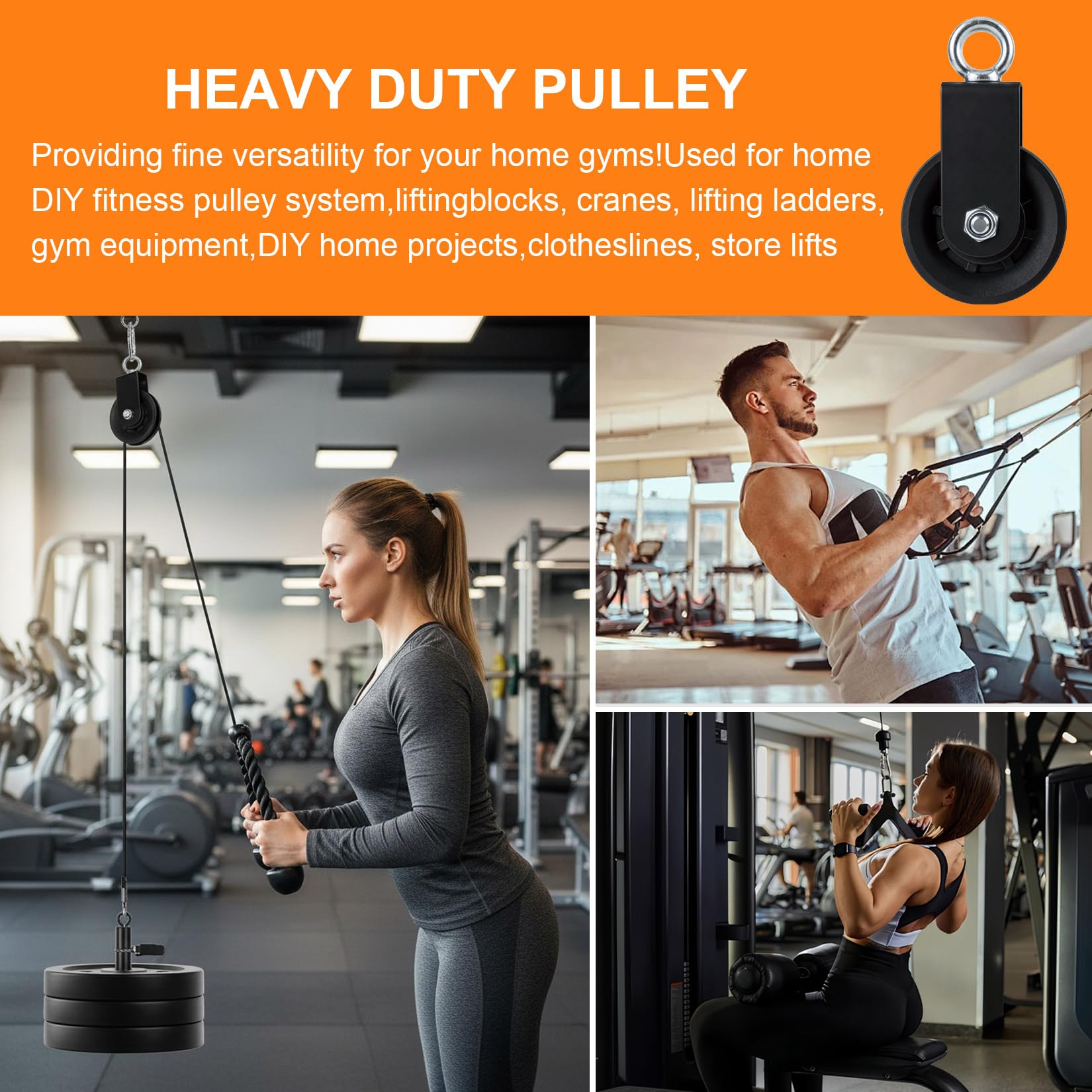 90mm Umlenkrolle Seilrolle mit Hängegurt Karabiner, 360° Schwenkbar Kabel Pulley für Schaukelzubehör Wäscheleine Latzugstange Seilzug Fitness DIY Heim-Fitnessgeräte | Hochwertige Materialien,360°-Drehmechanismus,Geräuscharmer Betrieb