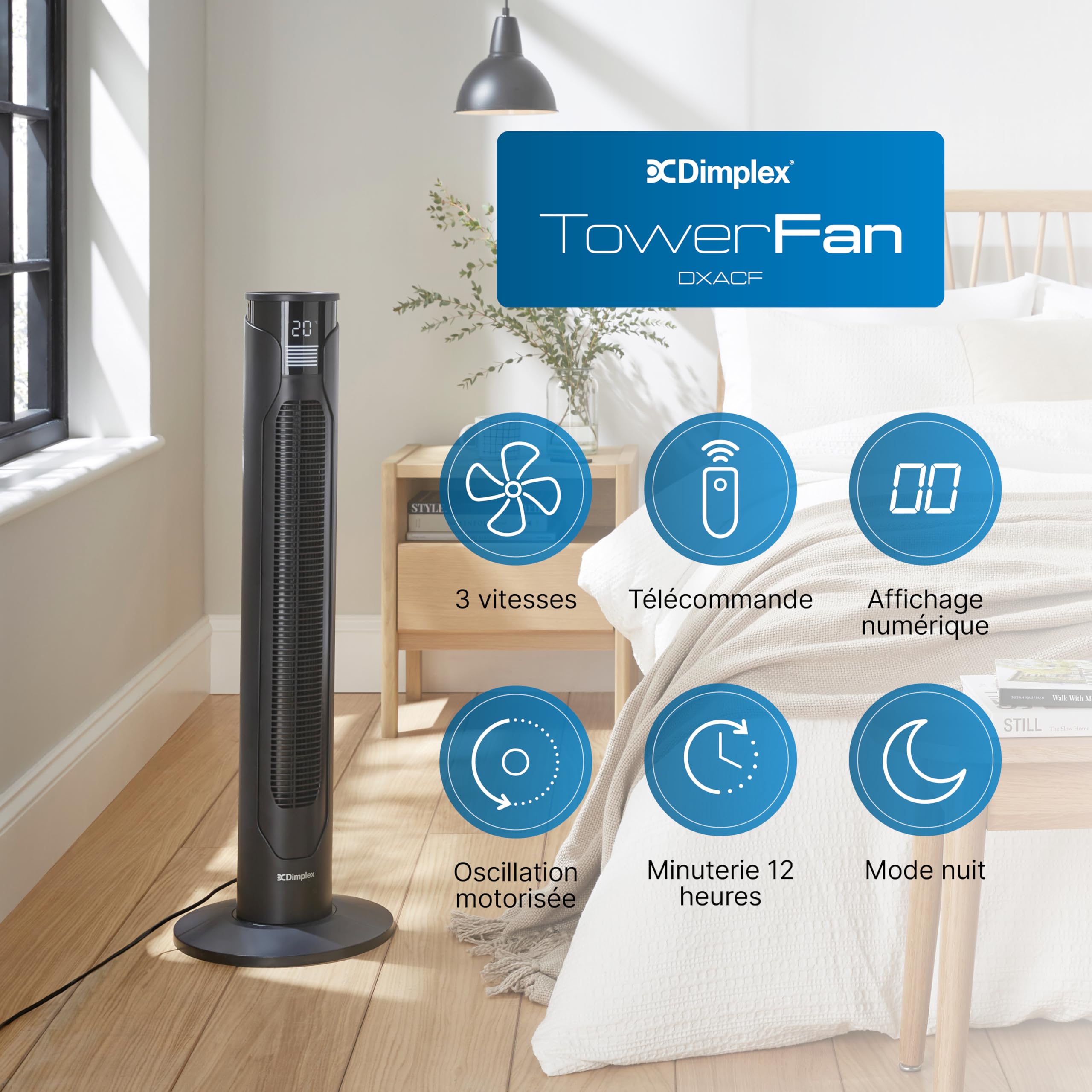 DIMPLEX Ventilateur Colonne Oscillant 70°, 3 Vitesses, Minuterie 12h, Écran LED, 4 Modes, Télécommande, Anthracite