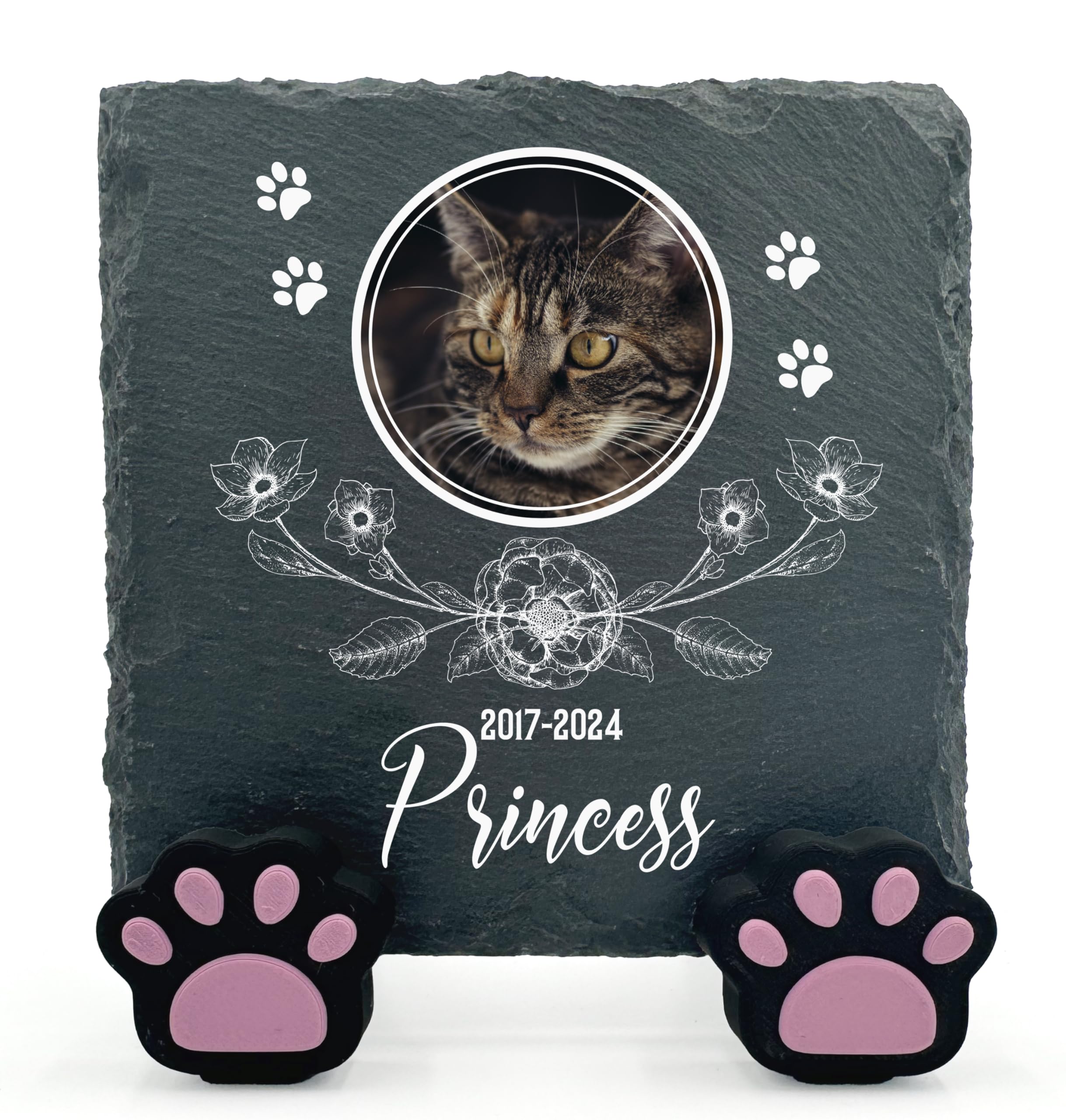 TULLUN Personalised Individual Square Memorial Small Plaque with Paw Stand For Pet Cat Dog Slate Stone Frame Grave Marker - Size 3.94" x 3.94" or 100 x 100 mm - Floral