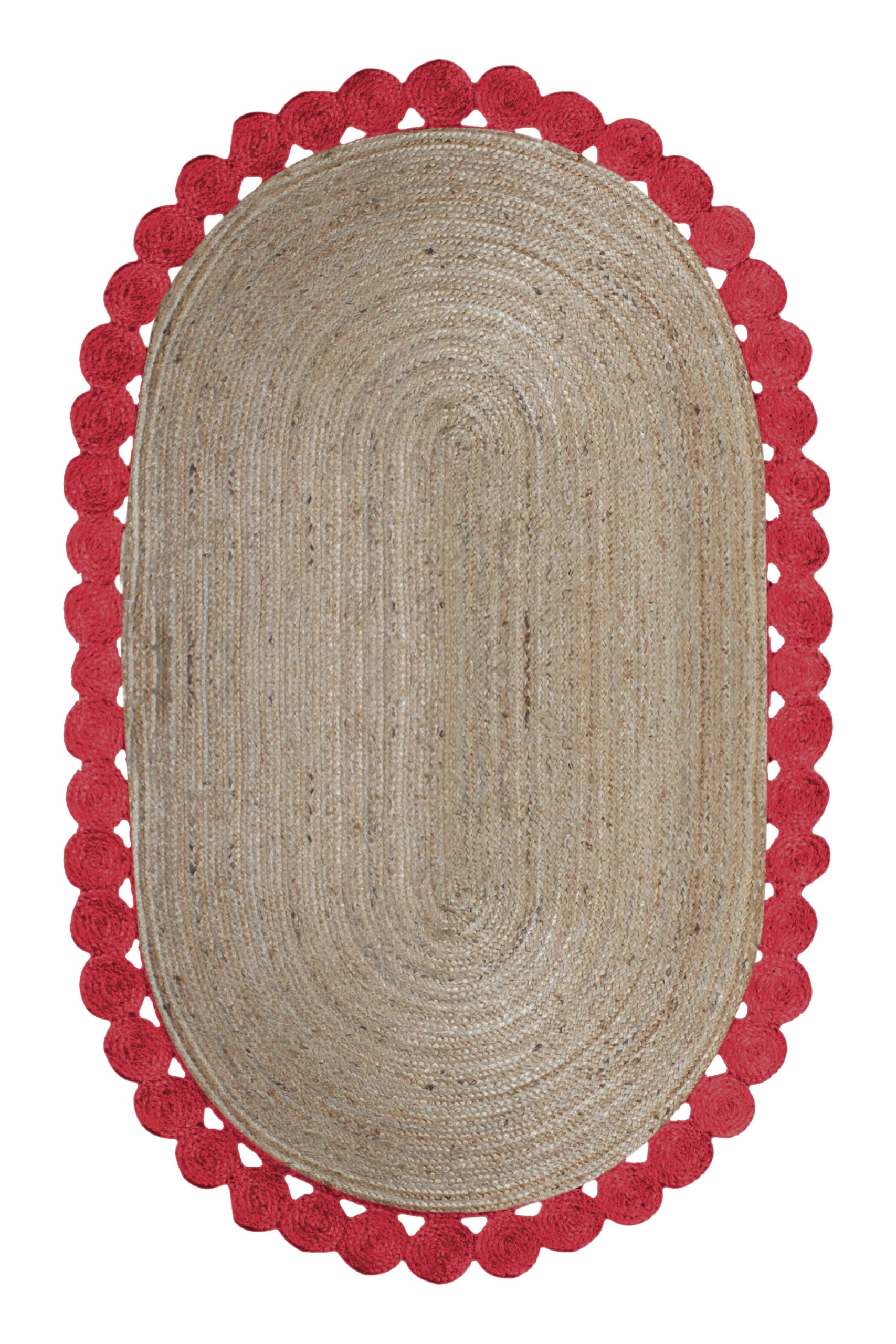 Tapis de couloir ovale 91x350cm en jute tressé rouge et beige