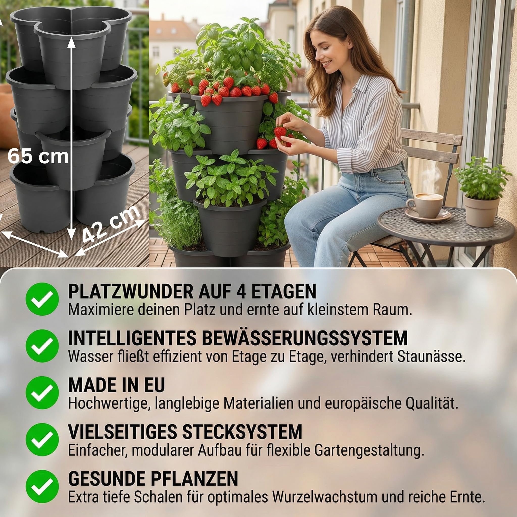 Pflanzturm 4er Set stapelbar – Vertikales Hochbeet System für Balkon & Terrasse – Bestens geeignet als Erdbeerturm, Kartoffelturm & Kräuterturm – Platzsparend, wetterfest, Hergestellt in der EU