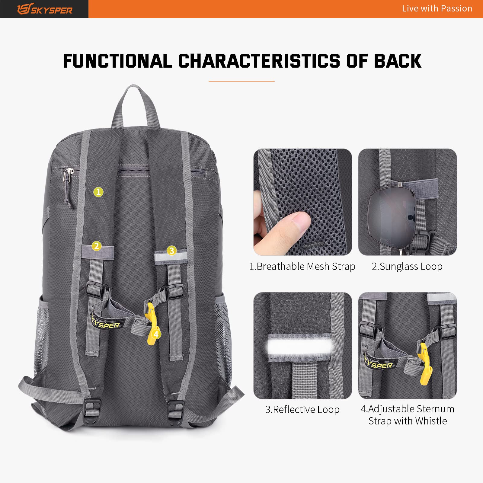 SKYSPER Zaino Ultraleggero Pieghevole, Zaino Ripiegabile 30L Resistente all'Acqua con Strisce Riflettenti Zaino da Trekking per Hiking Escursione Viaggio Uomo Donna