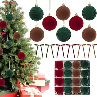 46 Pcs Red Velvet Christmas Tree Ornament Balls with Bow Included 16 Pcs Various Flocked Balls, 30 Pcs Velvet Bow Decor, Vintage Ornament for Xmas Tree Garland Wreath(Red Green)