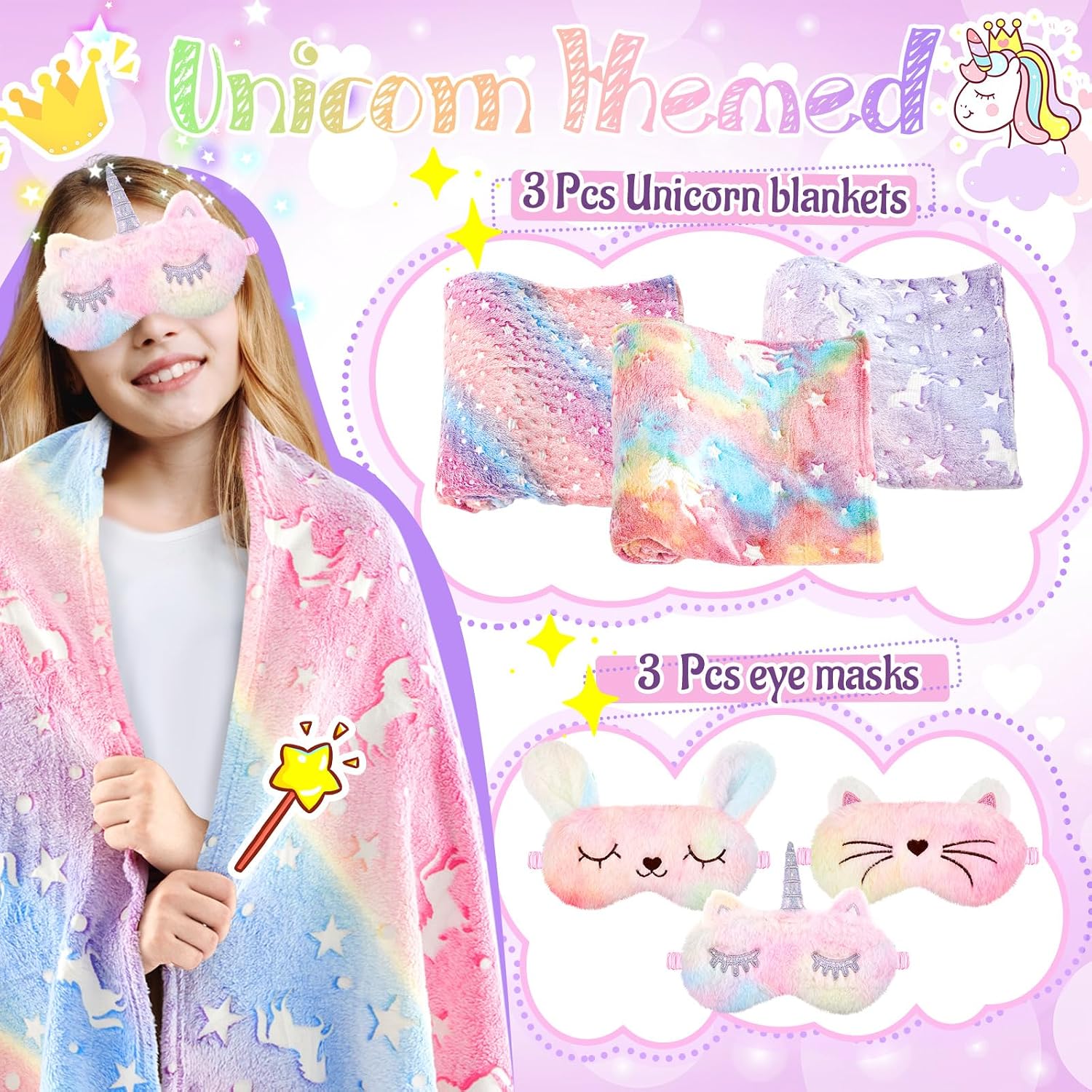 Fanfanwin 6 Pcs Sleepover Party Supplies for Girls, 3 Glow in the Dark Unicorn Blanket and 3 Plush Eye Mask Covers for Sleeping Slumber Sleepover Spa Party Birthday Christmas Valentine Gifts