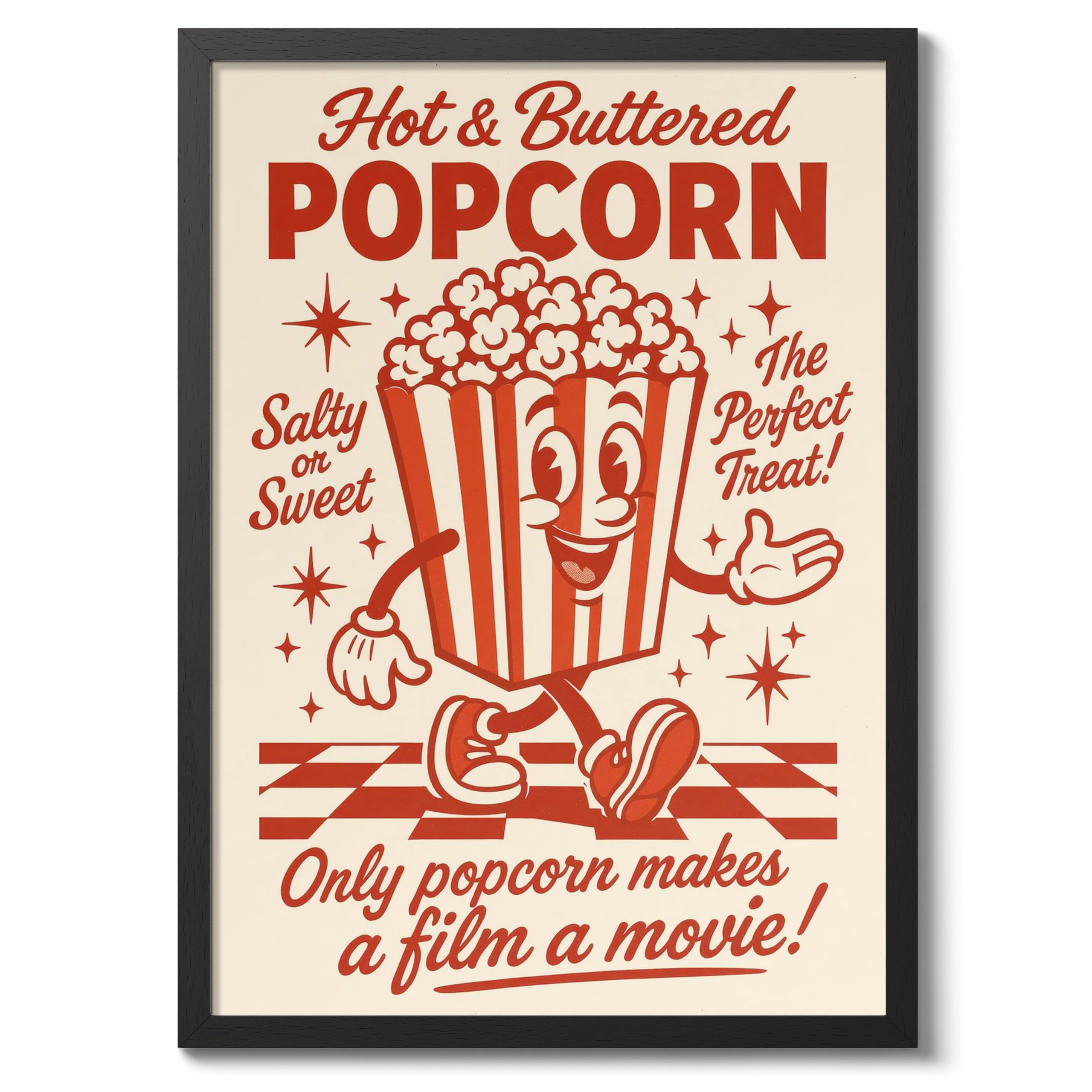 Hot & Buttered Popcorn Kitchen Wall Art, Modern Food Poster, Cartoon Mascot Prints, Kitchen Typographic Home Decor, A1 (Black Frame) - 86.9x62.4cm