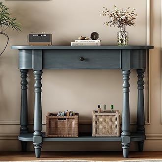 Small Curved Console Table 36-Inch Retro Farmhouse Wood Entry Sofa Table with Drawer & Storage Shelf for Living Room Hallway Entryway Furniture, Navy