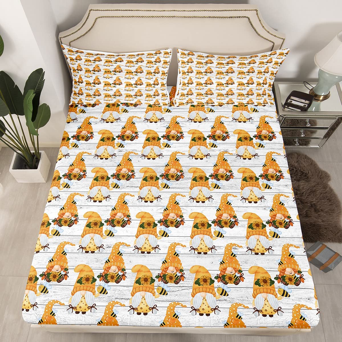 Sunflower Gnomes Bed Sheets Full Yellow Gnome Bee Sheet Set Spring Sunflowers Fitted Sheet for Kids Teens Child Wooden Grain Geometric Wild Animal Bedroom Decor Flat Sheet