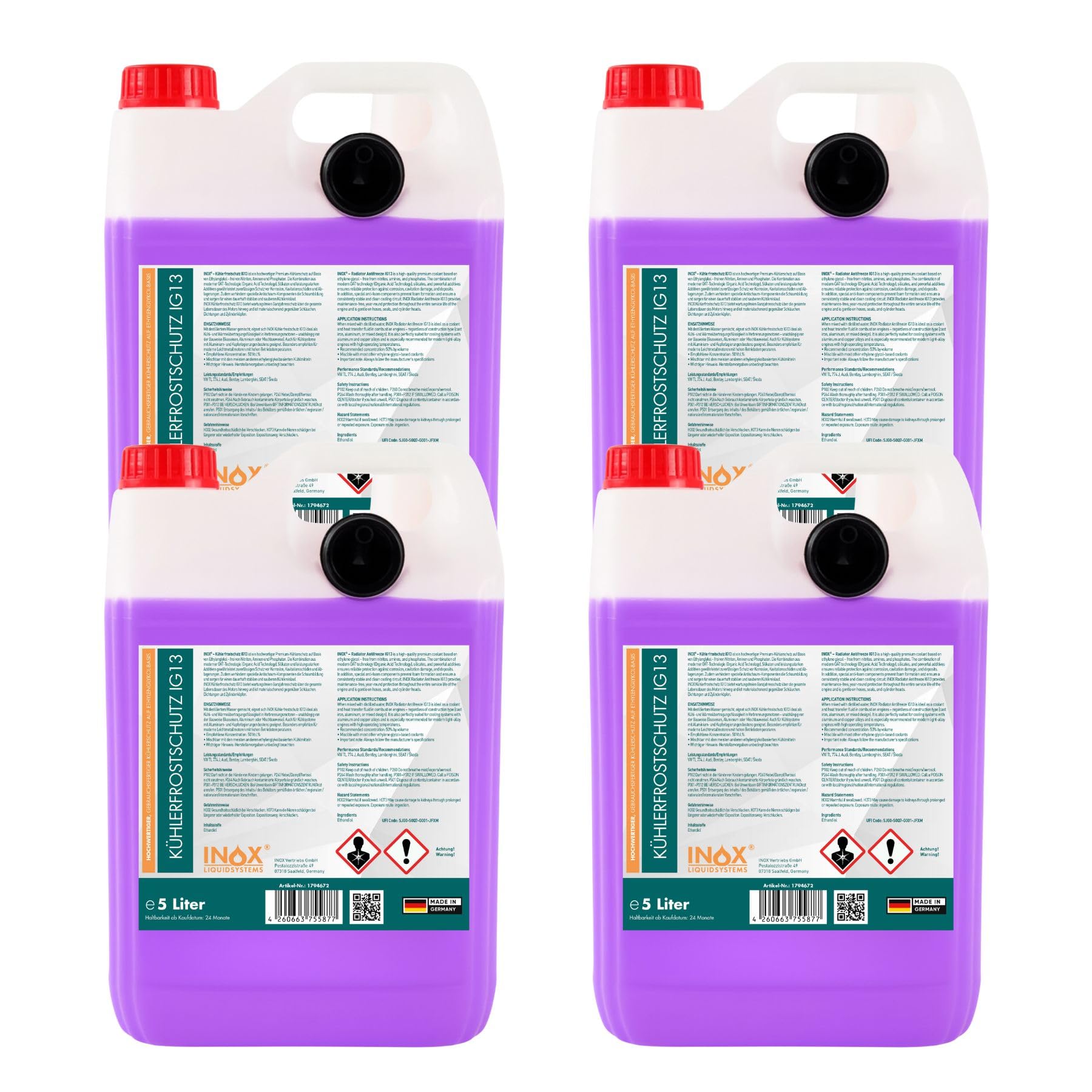 INOX IG13 ReadyMix Liquide de refroidissement 5 l, -35 °C, G12 prêt à l'emploi, antigel et liquide de refroidissement pour voitures, voitures et véhicules utilitaires, protection toutes saisons (4 x 5