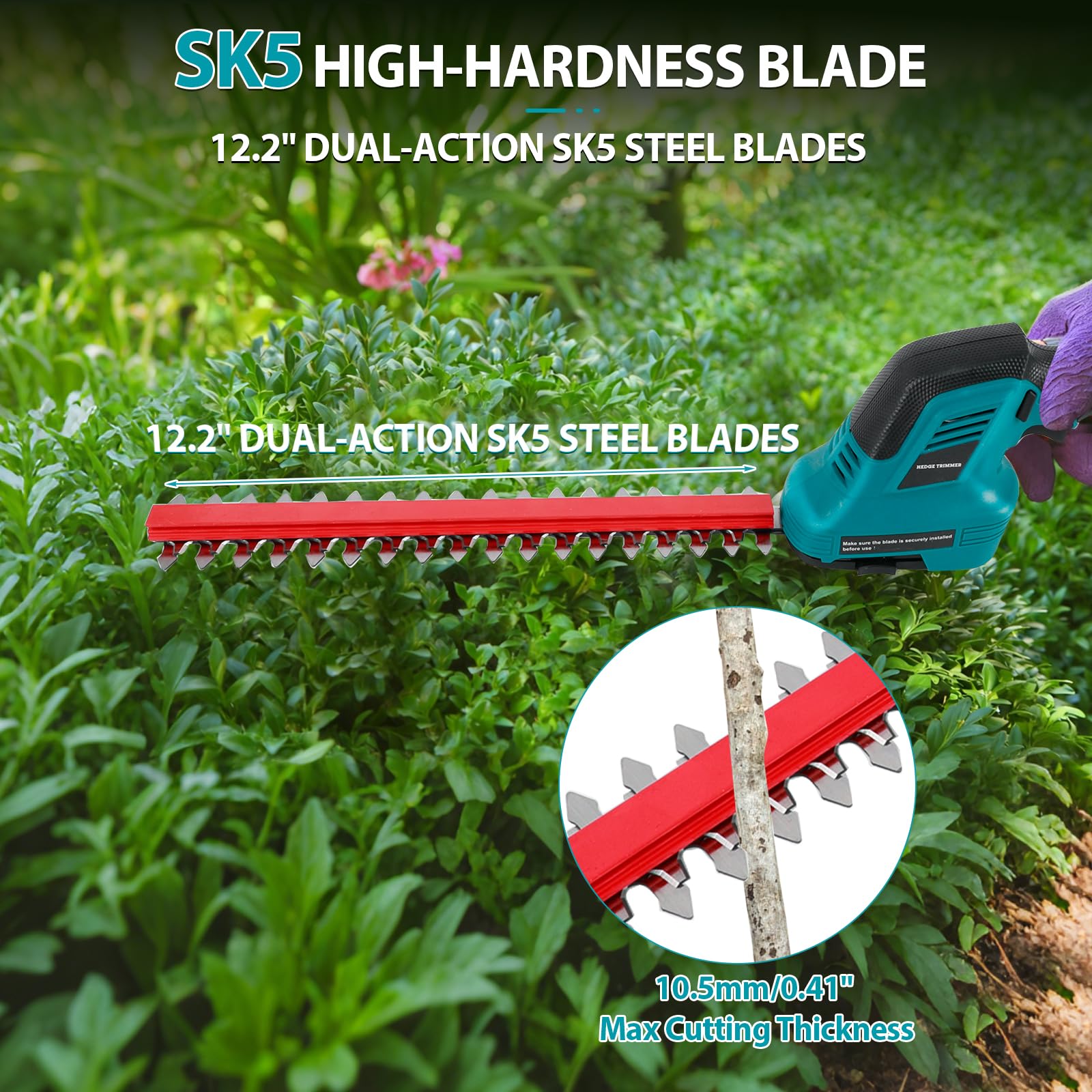 Cortasetos inalámbrico 2 en 1 con 2 baterías de 2000 mAh y Cargador, Cuchillas de 150 mm y 310 mm, Ideal para jardín y césped