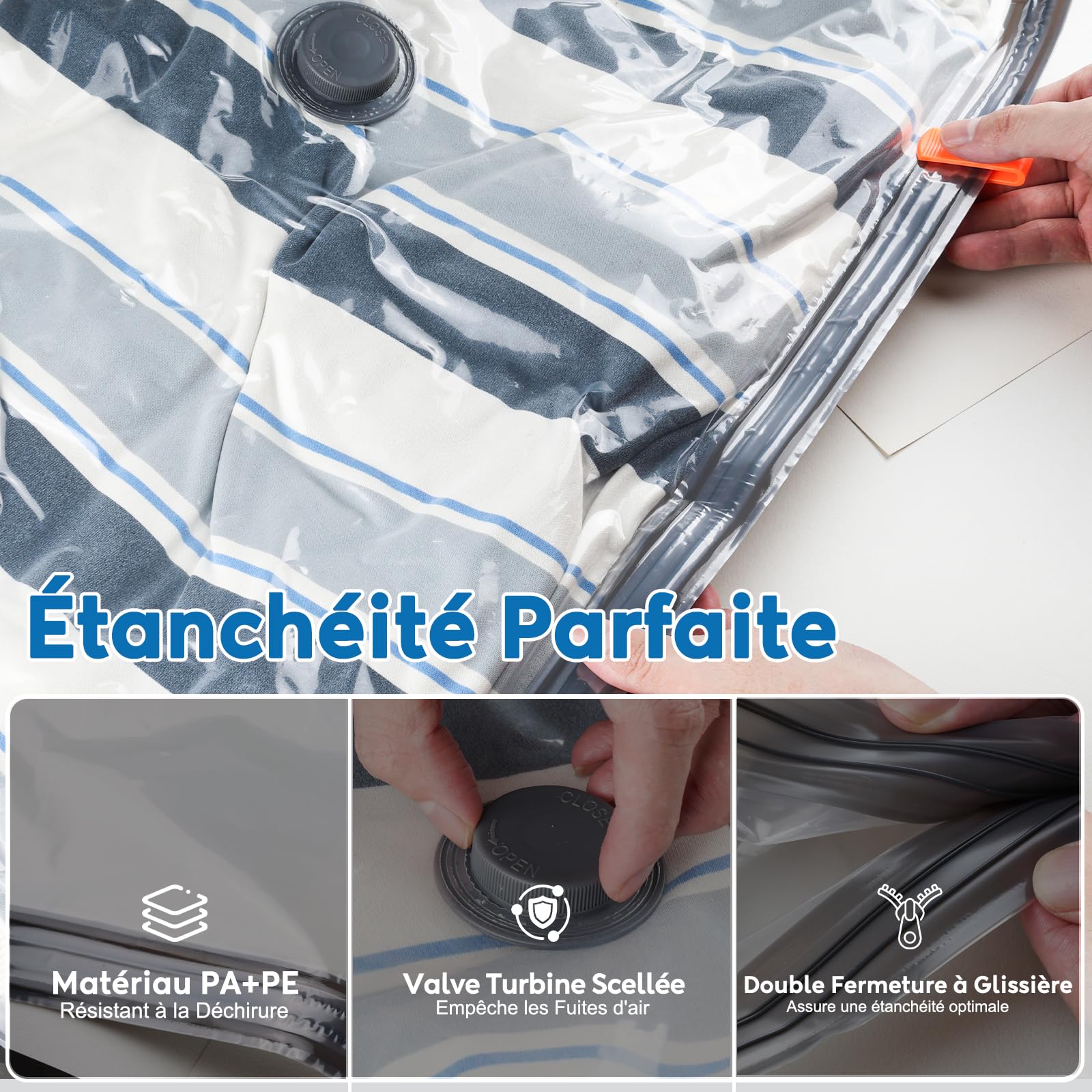 Sacs Sous Vide Vetement Aspirateur avec Pompe Électrique 60000Pa, 18 Unité Sacs de Rangement Sous Vide en 3 Tailles(40*50/40*60/50*60CM), Économisez 80% pour Les Bagages de Voyage et L’organisation