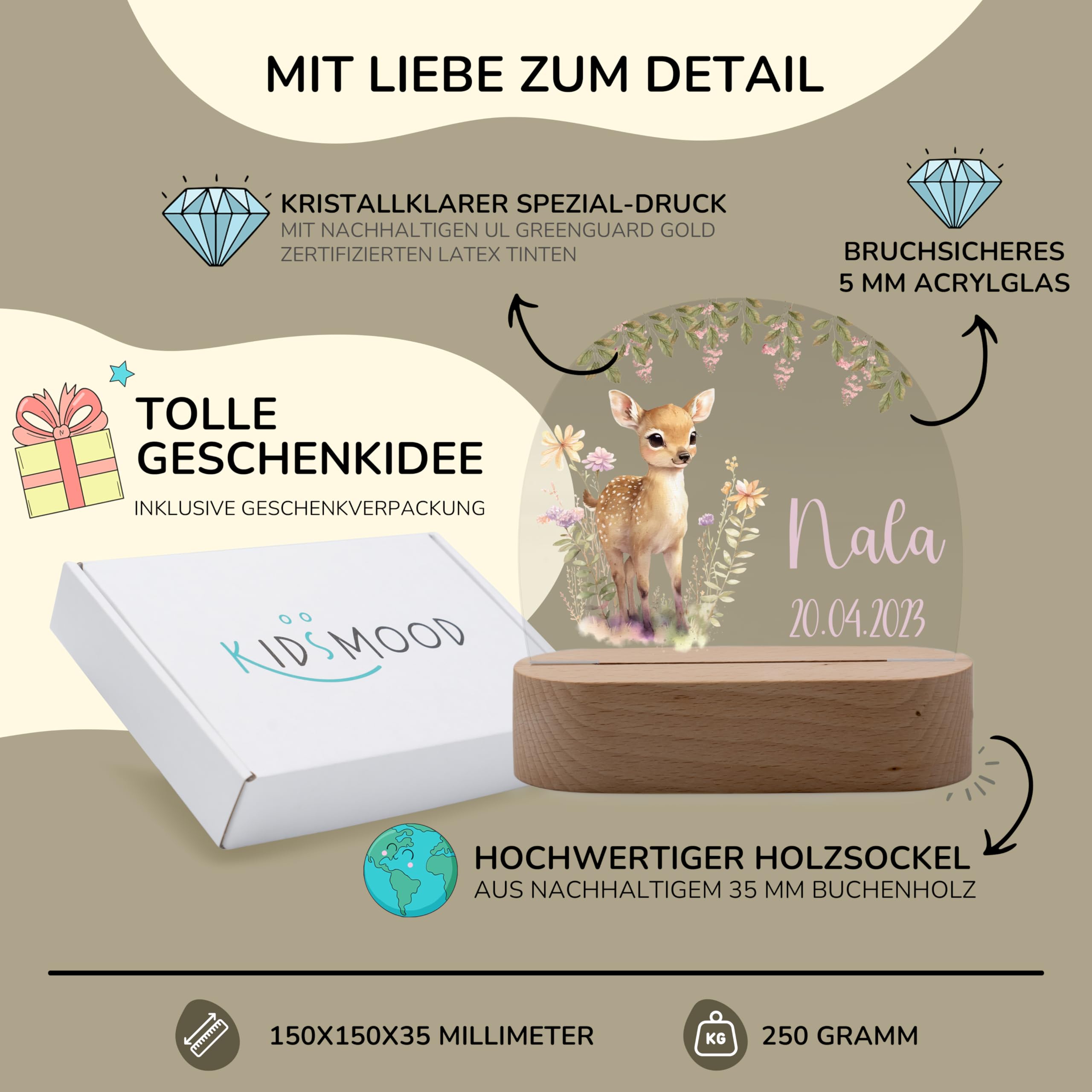 Kidsmood - Nachtlicht Baby - Personalisiertes Nachttischlampe mit Name & LED Stillicht Kinderzimmer, dimmbar - Geschenk zur Geburt, Taufe & Geburtstag für Mädchen & Jungen [Fuchs Floral]