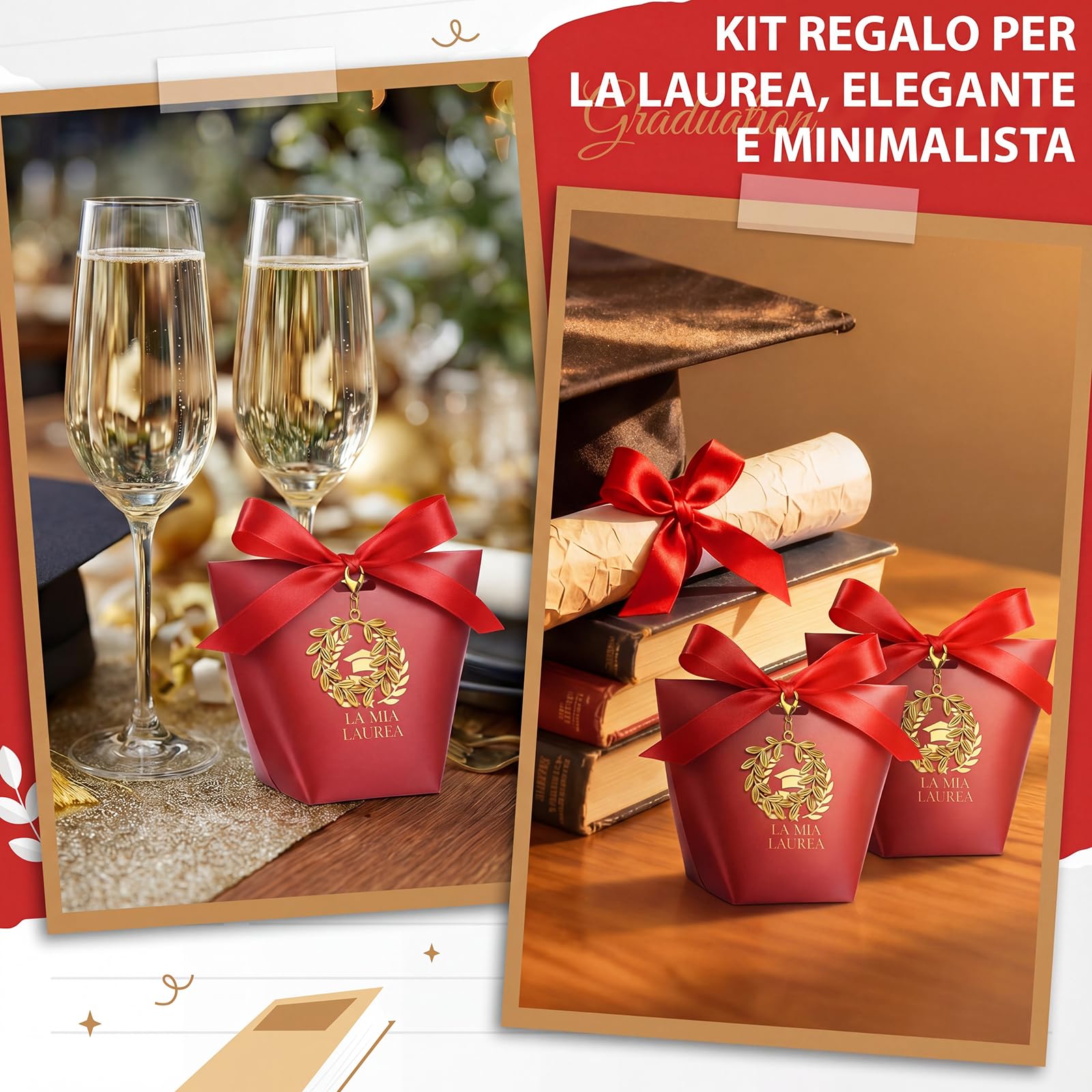 BBTO 50 Sets Cajas de recuerdos de graduación Incluye 50 Rojo cajas de recuerdos 50 llaveros de Corona de laurel 1 rollo de listón rojo Regalos de decoración para fiesta de graduación hechos a mano