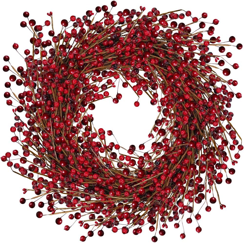 24 Inches Rustic Artificial Red Berry Wreath Front Door Grapevine Twig Wreath with Bulk Assorted Large Pip Berries for Christmas Holiday Winter Wedding Home Farmhouse Welcome Indoor and Outdoor Decora
