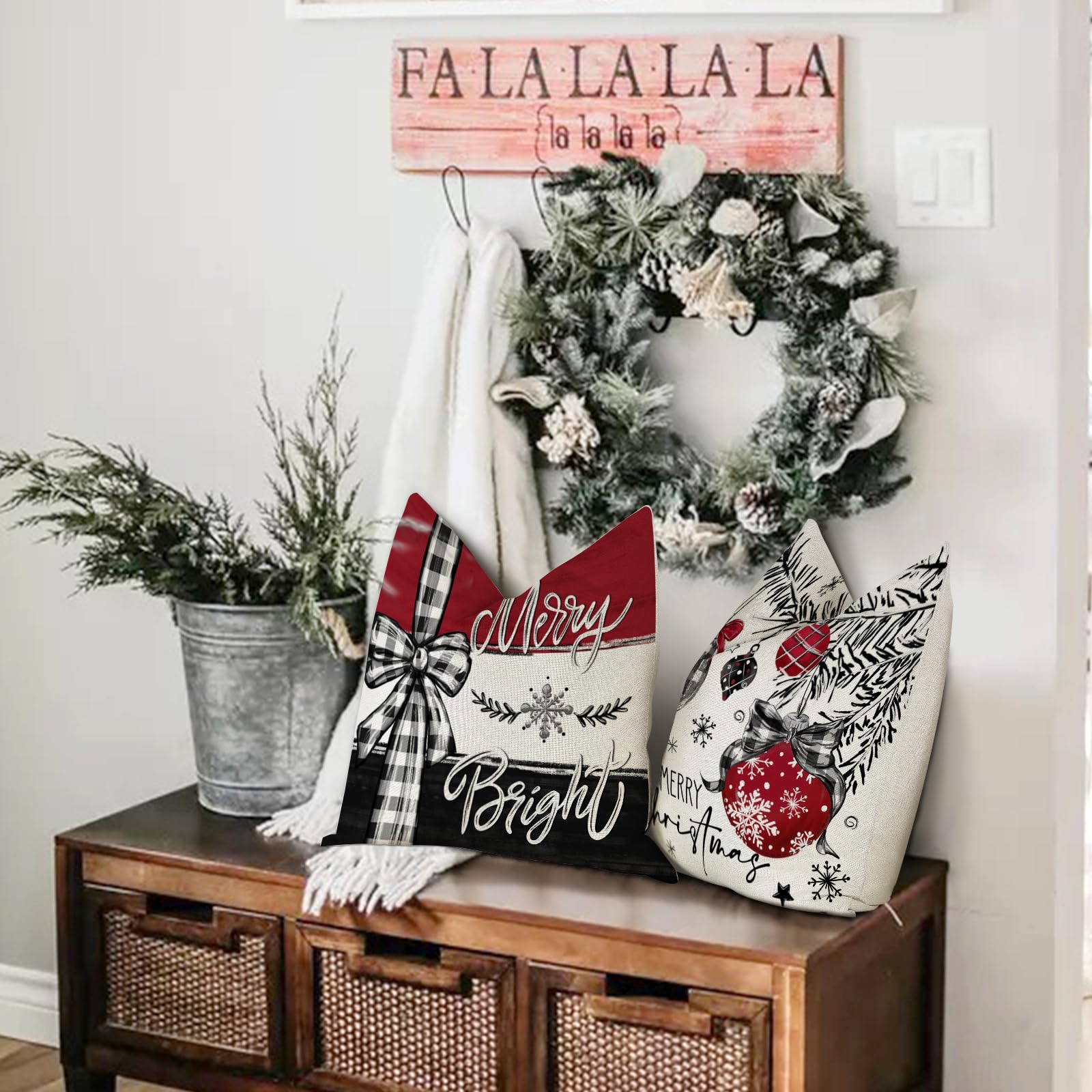 4 Federe Cuscini Natalizi 50x50 Cm - Decorazioni Divano Per Natale In Misto Lino