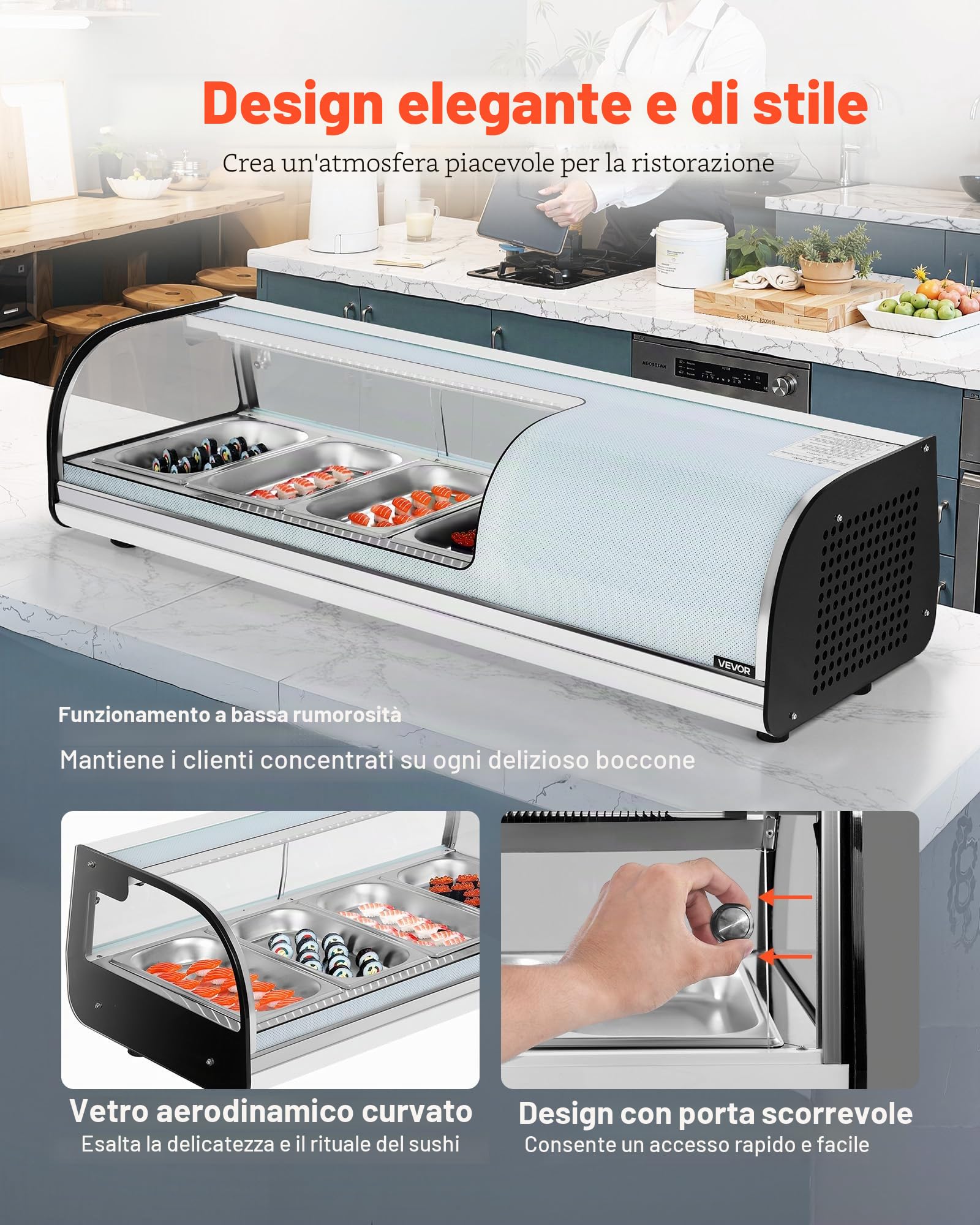 VEVOR Vetrina Refrigerata per Sushi Commerciale da 42 L, 4 Teglie con Vetro Curvo, Illuminazione a LED e Controllo Digitale della Temperatura, Frigorifero per Bancone Ristorante Negozio