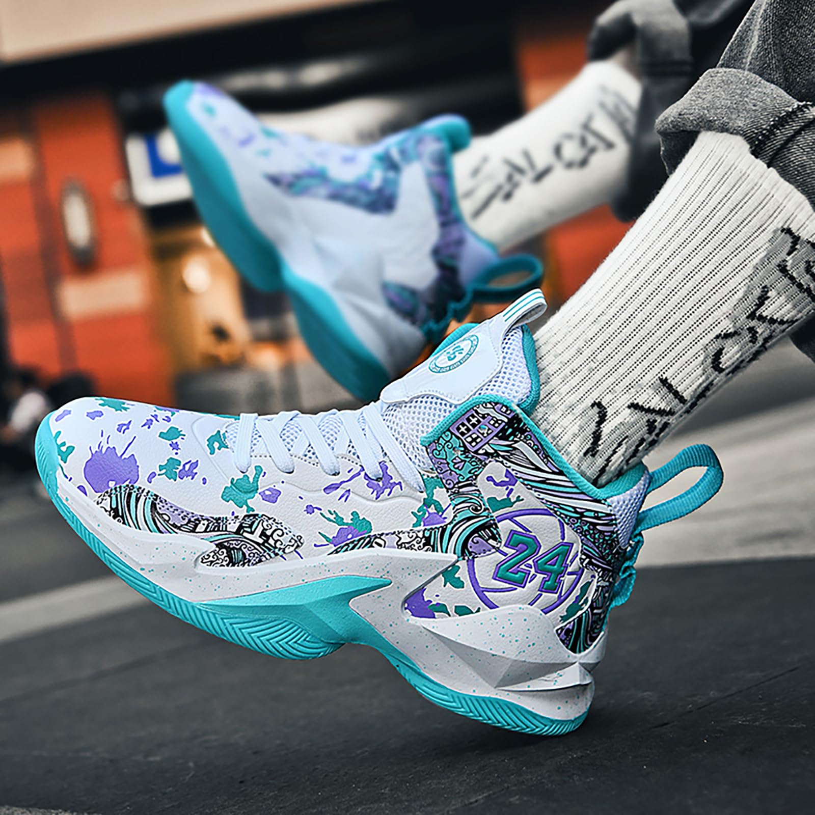 Herren Basketballschuhe leichte atmungsaktive High Top Turnschuhe Damen Laufen Anti-Rutsch Mode Graffiti Training Schuhe