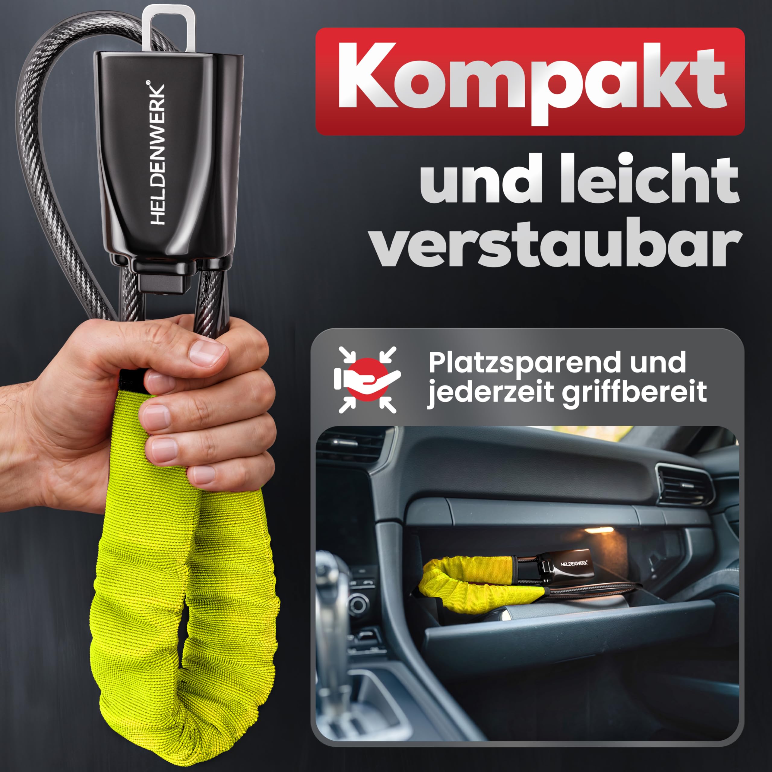 HELDENWERK® Lenkradkralle für Auto & Wohnmobil aus Metall - Universelle Passform - Lenkradschloss mit dickem Stahlseil - Wegfahrsperre Diebstahlsicherung mit 3 Sicherheitsschlüsseln (Gelb)