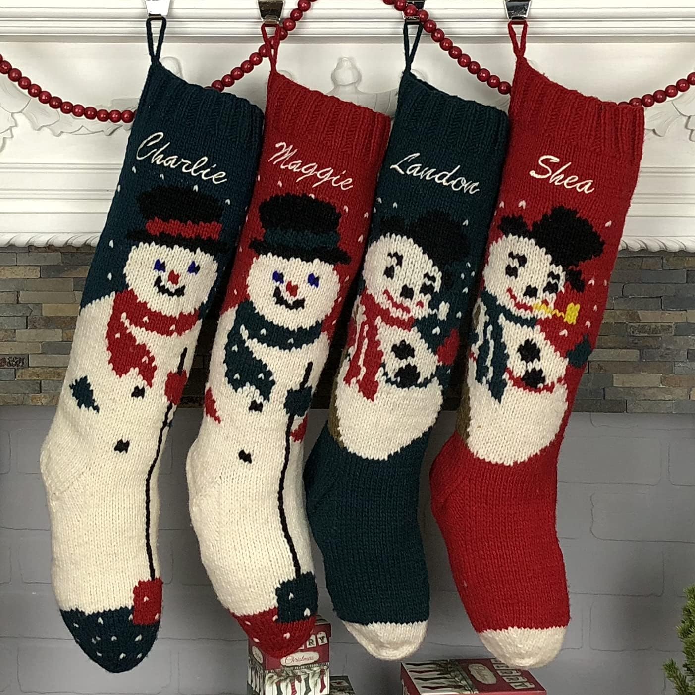 Hand Knit Mary Maxim Snowman Wool Stocking with Optional Personalization - Green