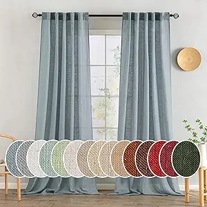 MIULEE Dusty Blue Linen Curtains 96 Inch Long 2 Panels for Bedroom Living Room, Soft Thick Linen Textured Window Drapes Semi Sheer Light Filtering Rod Pocket Back Tab Light Blue Burlap Look Decor