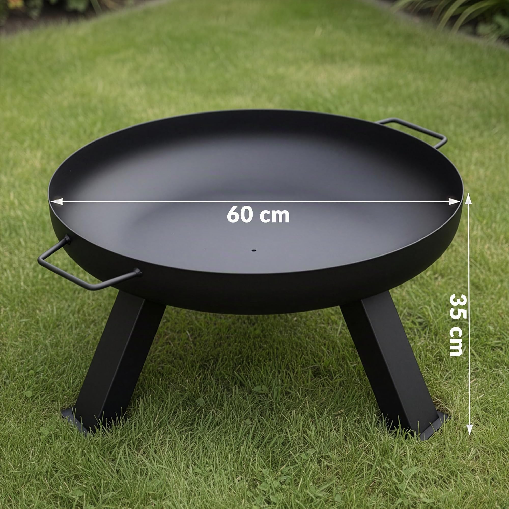 LEHMANN Brasero extérieur Ø 60 cm - 3 Pieds Stables, 2 Poignées de Transport et Évacuation d’Eau - Robuste Brasero pour Feu de Camp en Acier - pour Jardin, Terrasse et Camping - Noir