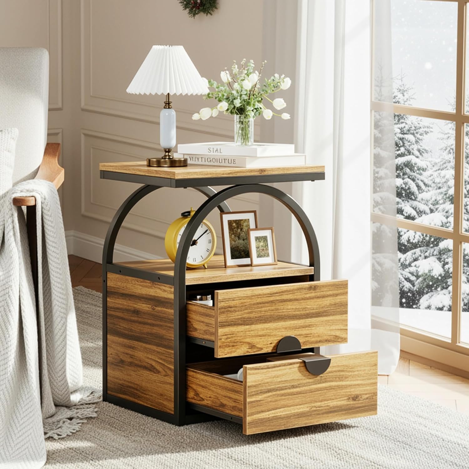 End Table with Arched Design, Nightstand with 2 Storage Drawers, Industrial Side Table, Narrow Bedside Table with Black Metal Frame for Living Room, Bedroom, Rustic Brown