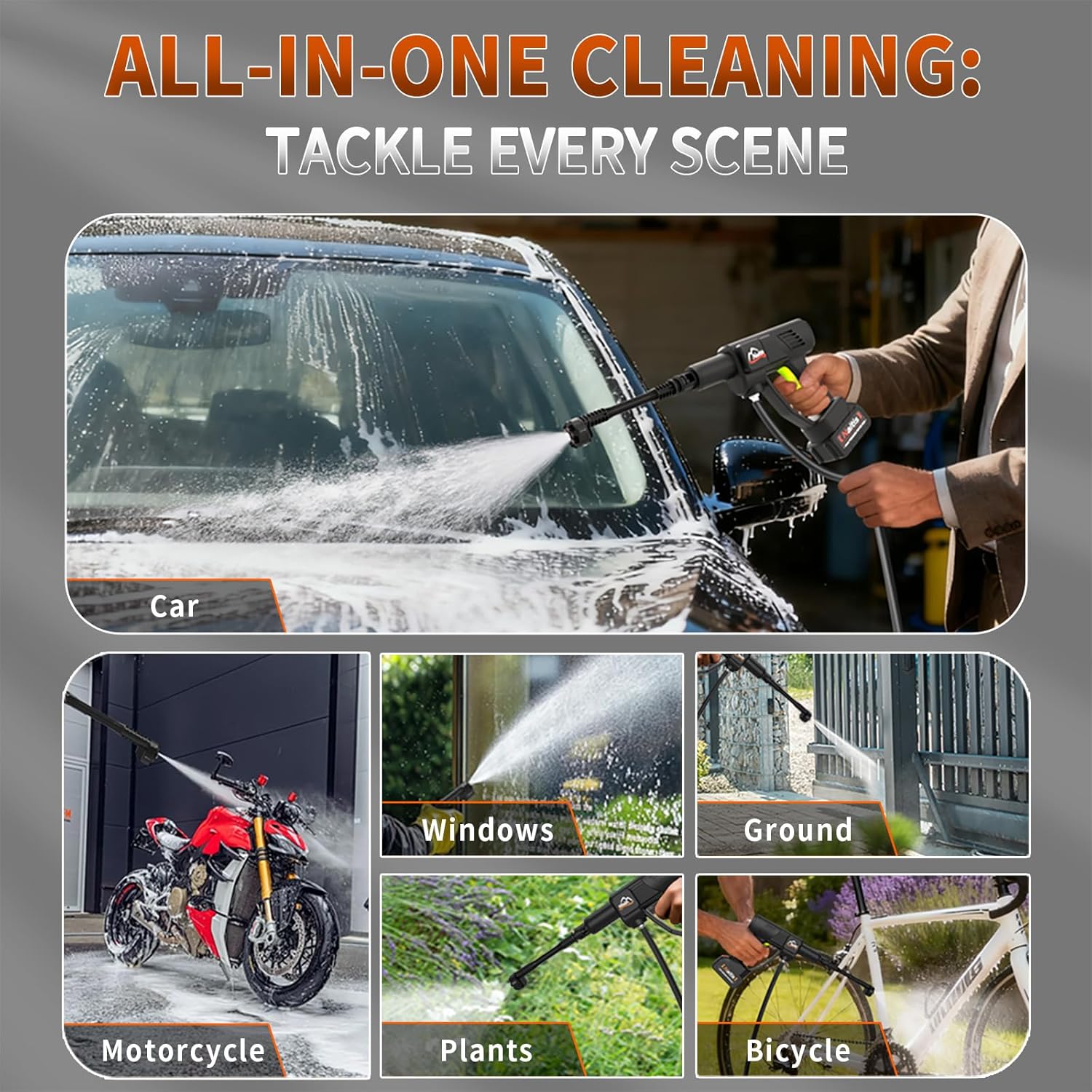 1200 PSI Portable Pressure Washer, 21V Cordless with 2×4.0Ah Batteries & 40 Mins Runtime, 9Bar High Pressure, 6-in-1 Nozzle & Foam Cannon for Car, Patio, Yard