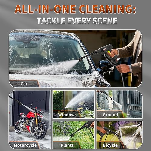 Miniatura 7 de Lavadora a presión portátil de 1200 PSI, 21 V inalámbrica con 2 baterías de 4.0 Ah y 40 minutos de tiempo de funcionamiento, alta presión de 9 bar,