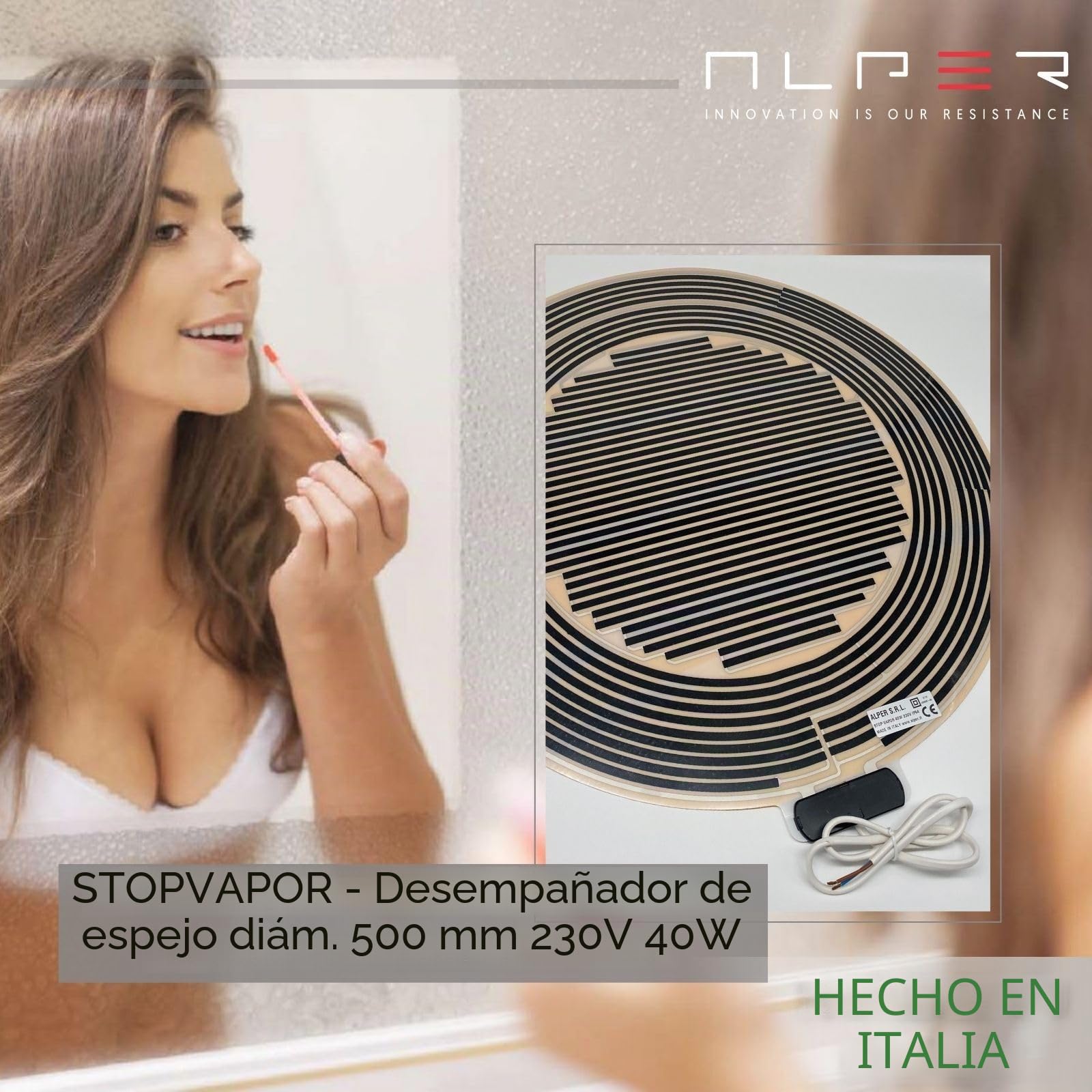 ALPER StopVapor Lamina antivaho espejo baño adhesivo redondo 50cm Placa Resistencia antivaho Calefactor espejo 40W 230V
