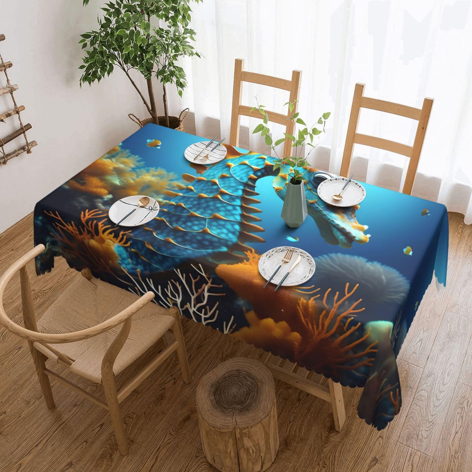 CNTDBU Blue Seahorse Scalloped Edge Tablecloth 54x72-Waterproof Stain Resistant Wrinkle Free Cover, Square Table Cloth for Dining Party