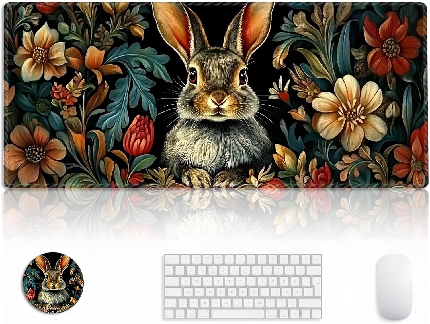 Large Gaming Mouse Pad-35.4"x15.7" Desk Mat Smooth Operation Non-Slip Rubber Base Stitched Edges Keyboard Pad with 3.94" Small Coaster for Office Decor and Home Office Black Rabbit