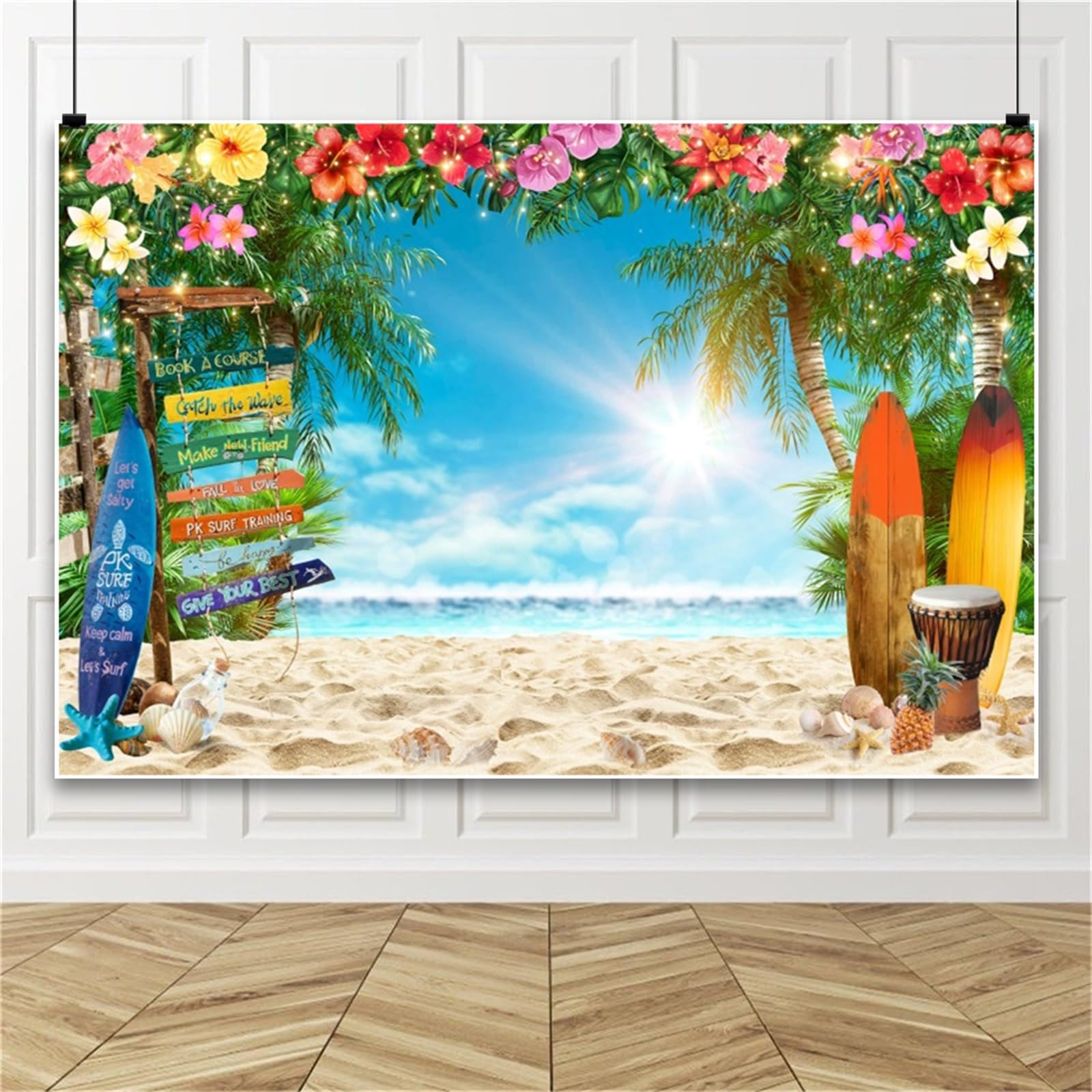 ZJRBJB Hawaiian Summer Beach Photo Backdrop Blue Sky Sunshine Tropical Flowers Photoshoot Backdrop Surfboard Party Background for Luau Party Aloha