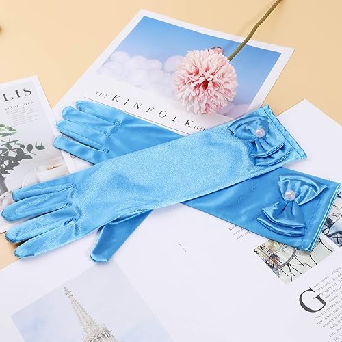 Miniatura 4 de HIFOT Guantes de vestir para niña, 6 pares, guantes largos de satén sedoso con lazo para niños, fiesta de princesa, boda, concurso formal, edades de