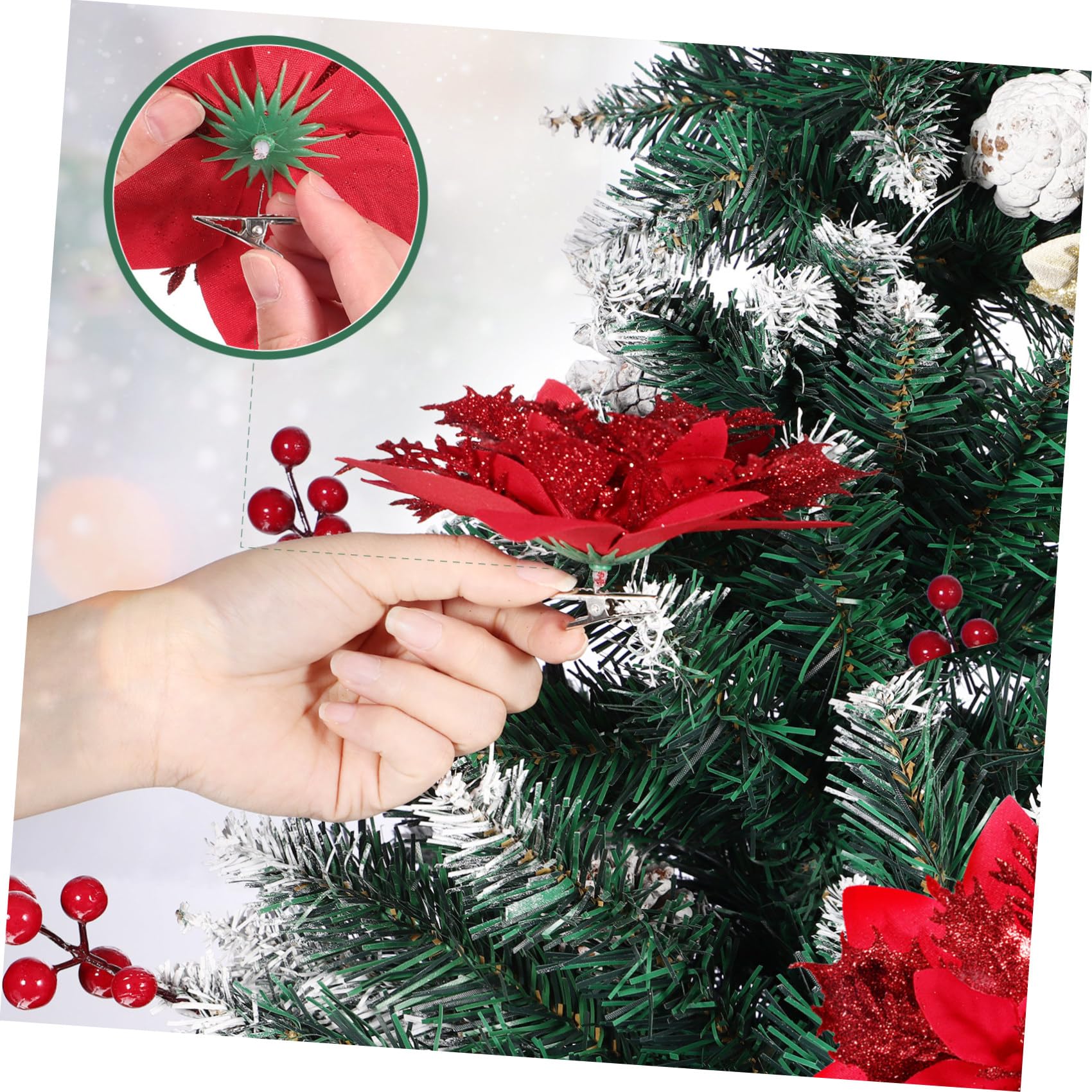 TOYANDONA 12 Piezas de Decoración de Flores Artificiales Poinsettia de Navidad para La Decoración del Árbol de La Guirnalda de Navidad con 12 Piezas de Clips Y Tallos Rojo Brillante