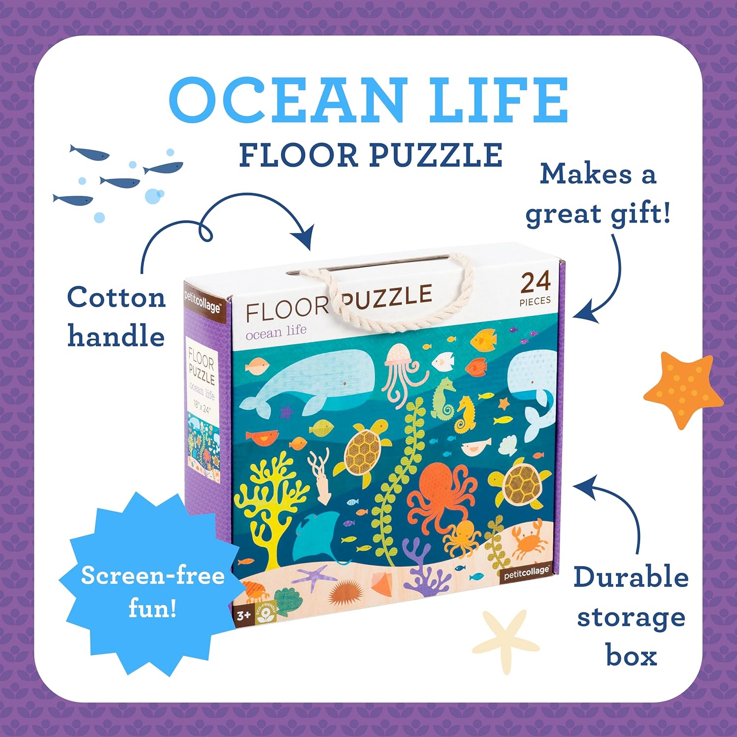 Petit Collage Floor Puzzle Ocean Life 24 Pieces | Large Puzzle for Kids | Completed Puzzle 18" x 24" | Great Gift for Kids Ages 3+