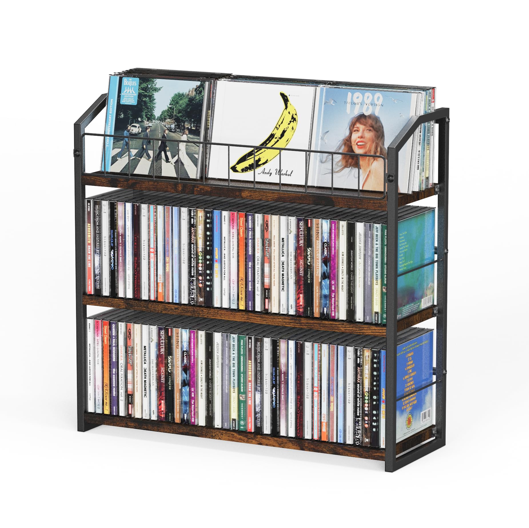 TJ.MOREE Porta dischi in vinile a 3 ripiani, stile industriale, retrò, in acciaio al carbonio/legno, organizer salvaspazio da scrivania
