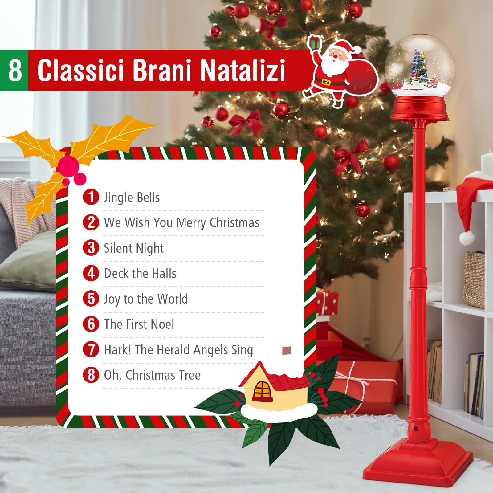 COSTWAY 150 CM Lampione Natalizio Musicale, Lampada Festiva con Lanterna a Globo di Neve Attivata dal Suono, Albero di Natale, Babbo Natale, Soldato e Scatole Regalo (Modello 3)