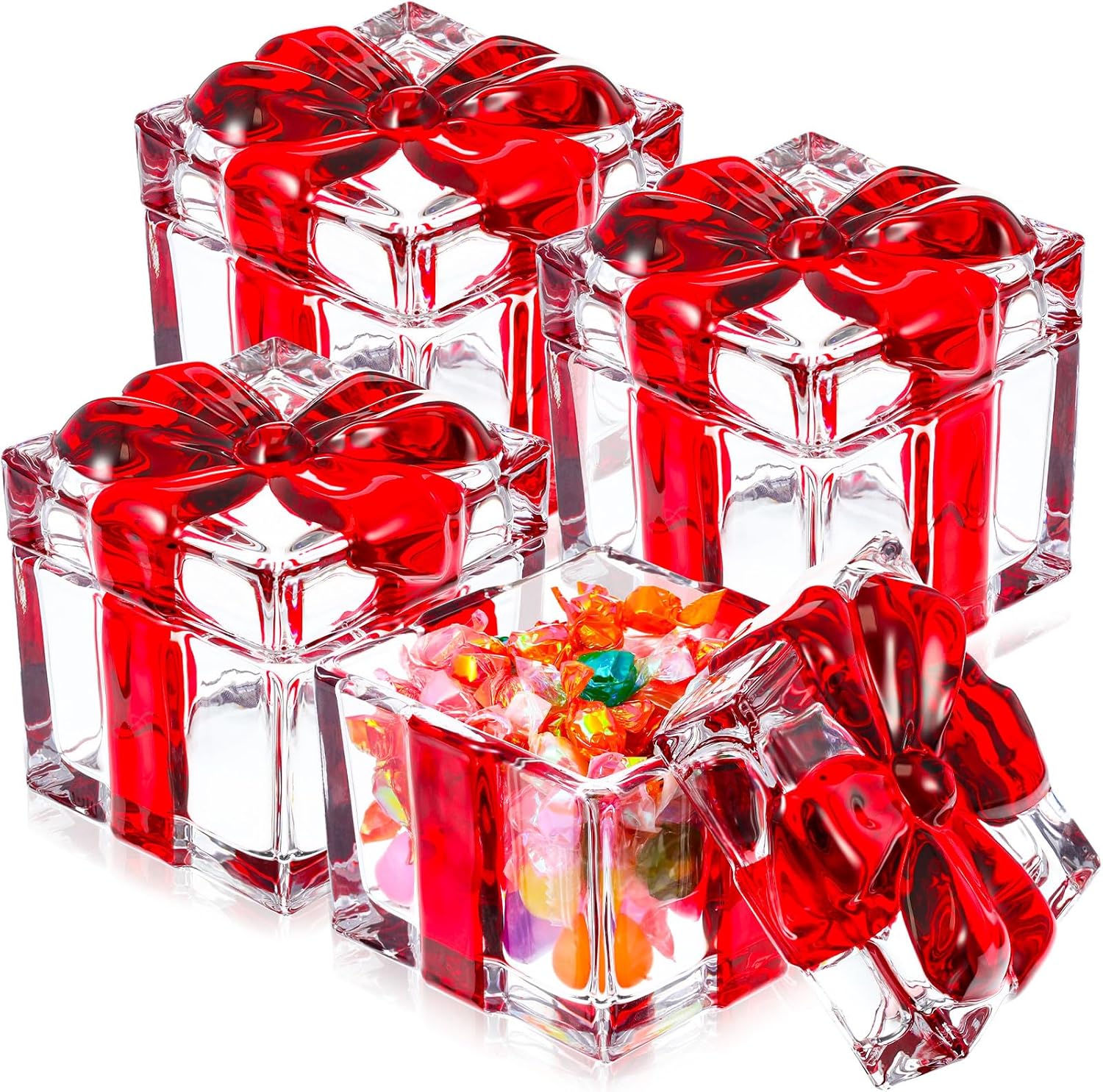 4 Pcs Christmas Candy Dish Bowl With Lids, Square Crystal Glass Box Jar Retro Sugar Bowl For Wedding Desk Candy Cookies Birthday Party(Red)